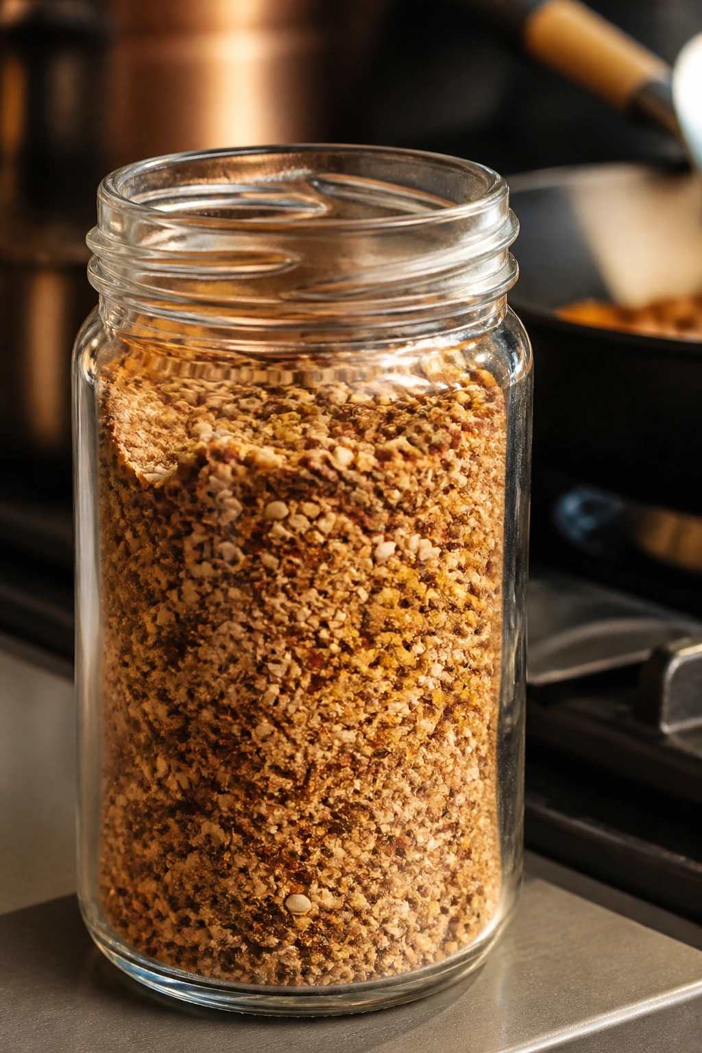 Close-up of a plain glass seasoning jar by the stove in a warm kitchen