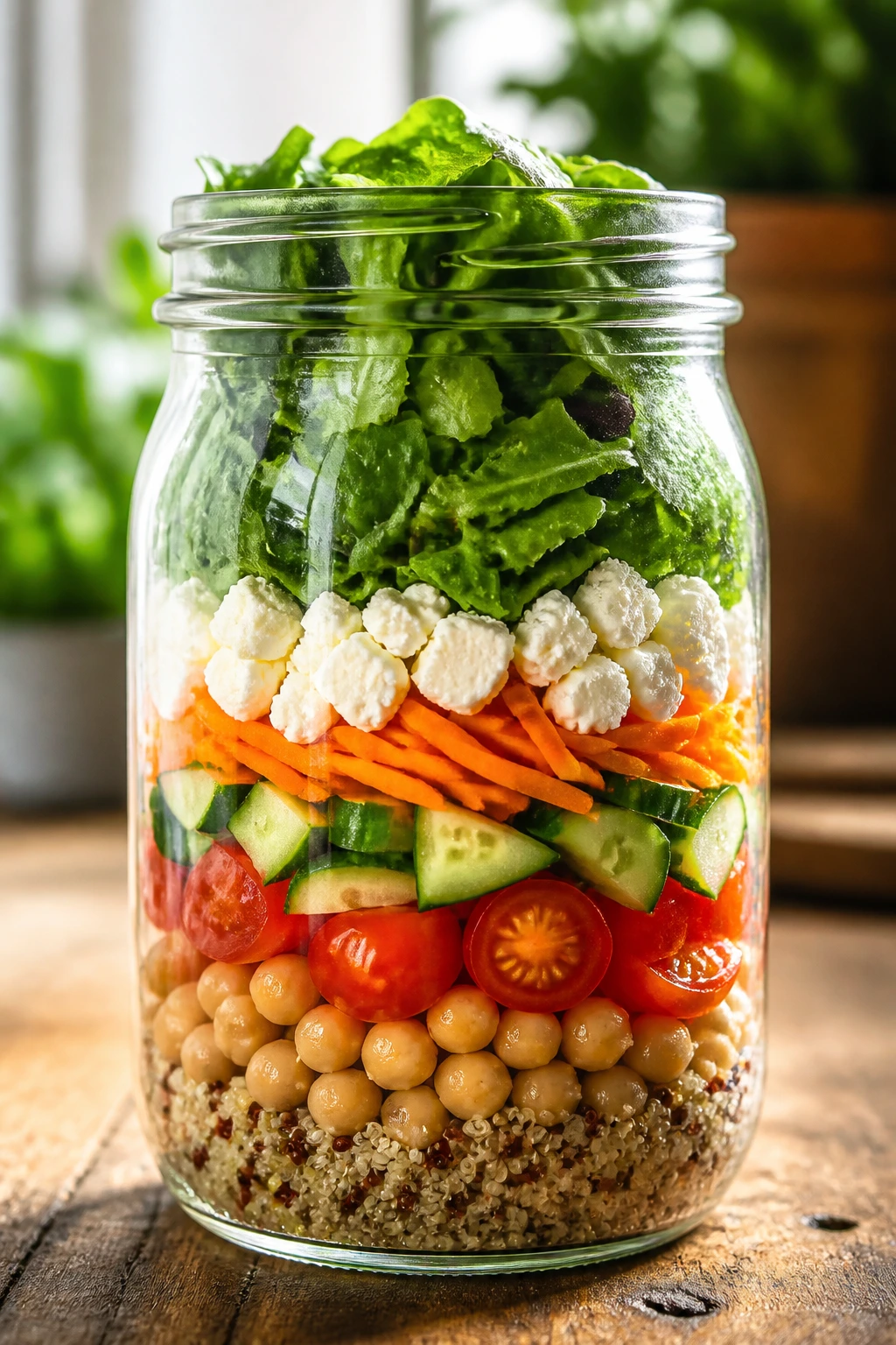 Close-up of a mason jar layered with quinoa, chickpeas, vegetables and greens