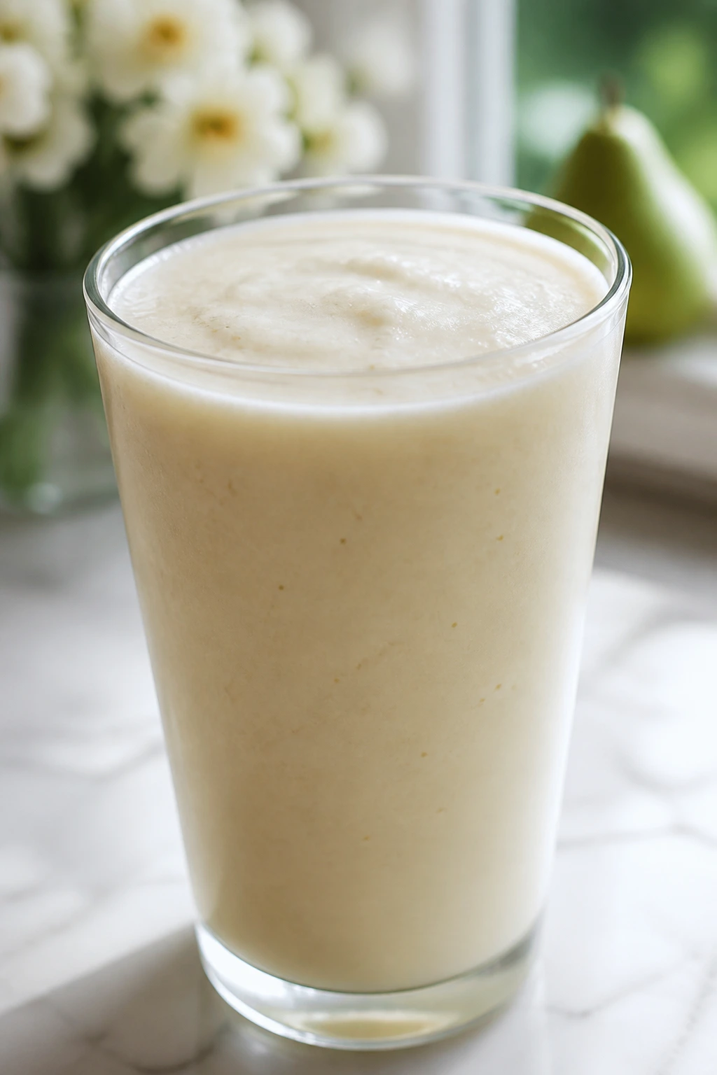 Close-up of a pale jasmine pear smoothie in a glass on a kitchen counter