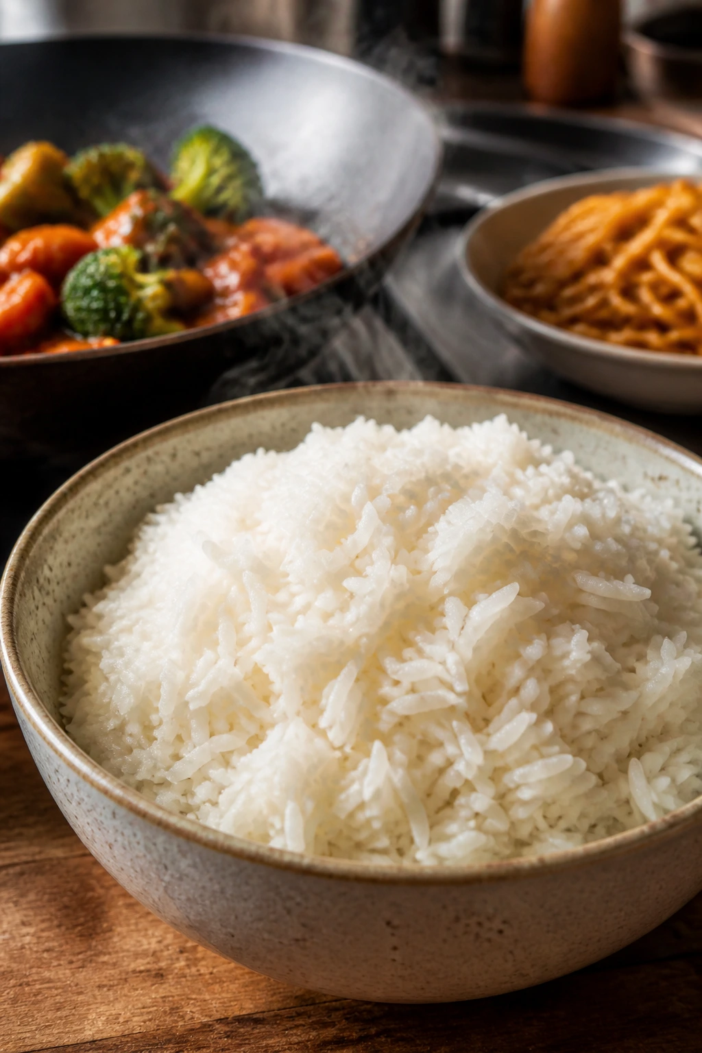Fluffy jasmine rice in a ceramic bowl, kitchen background