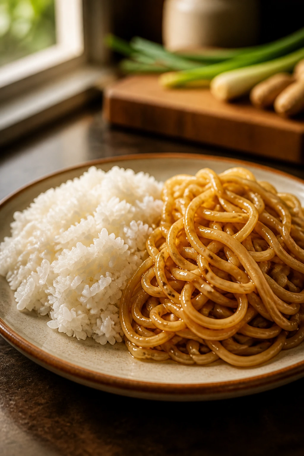Close-up of jasmine rice with glossy noodles on a warm kitchen plate