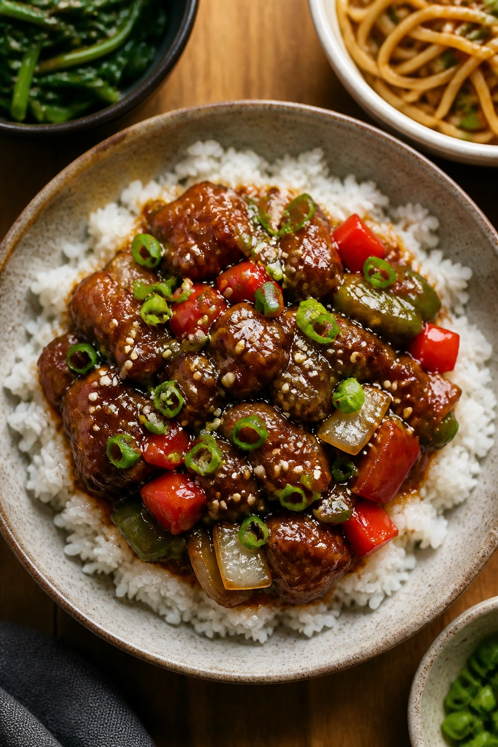 Plate of saucy meat and vegetables over jasmine rice with scallions and sesame seeds