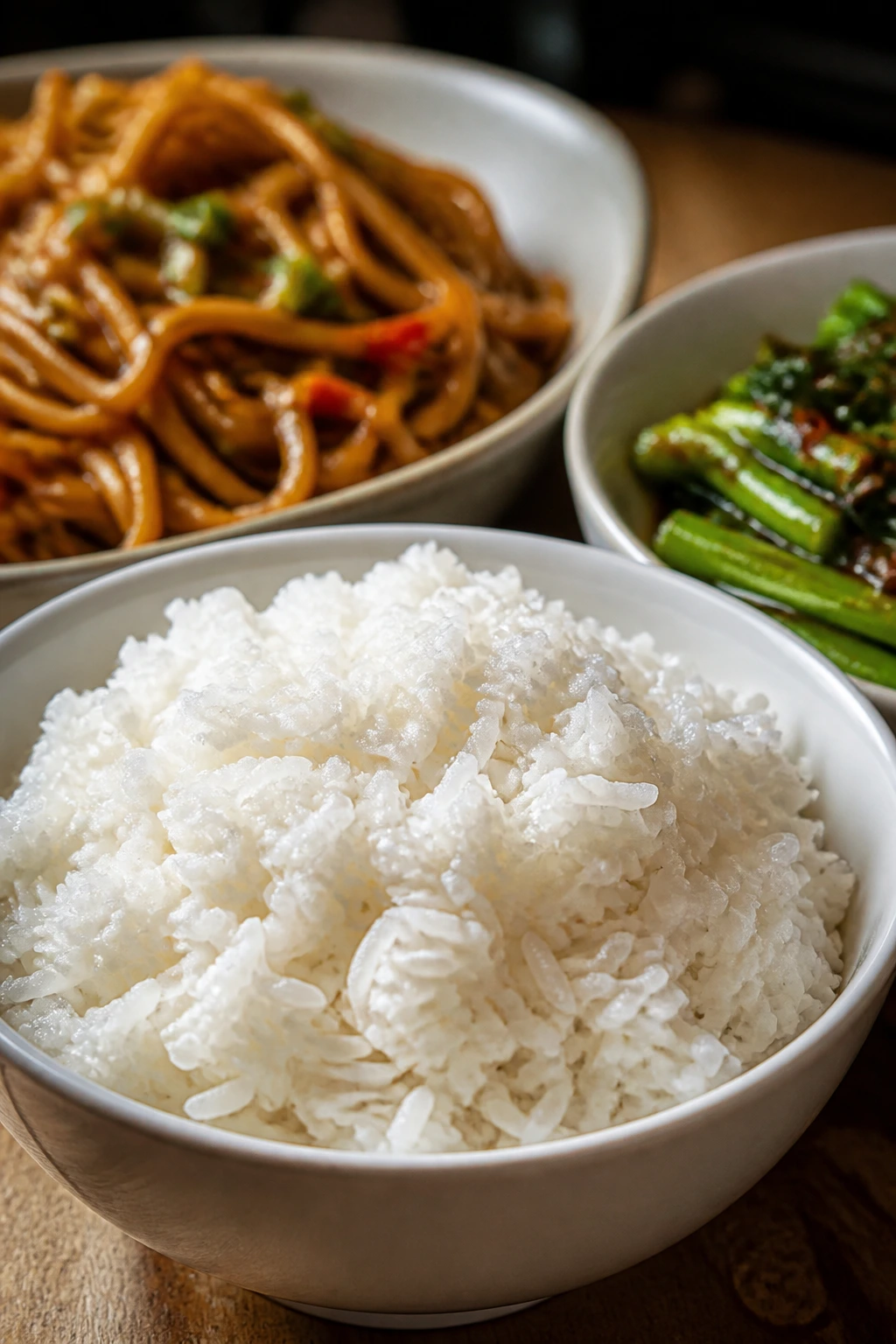 Fluffy jasmine rice in a white bowl on wooden counter
