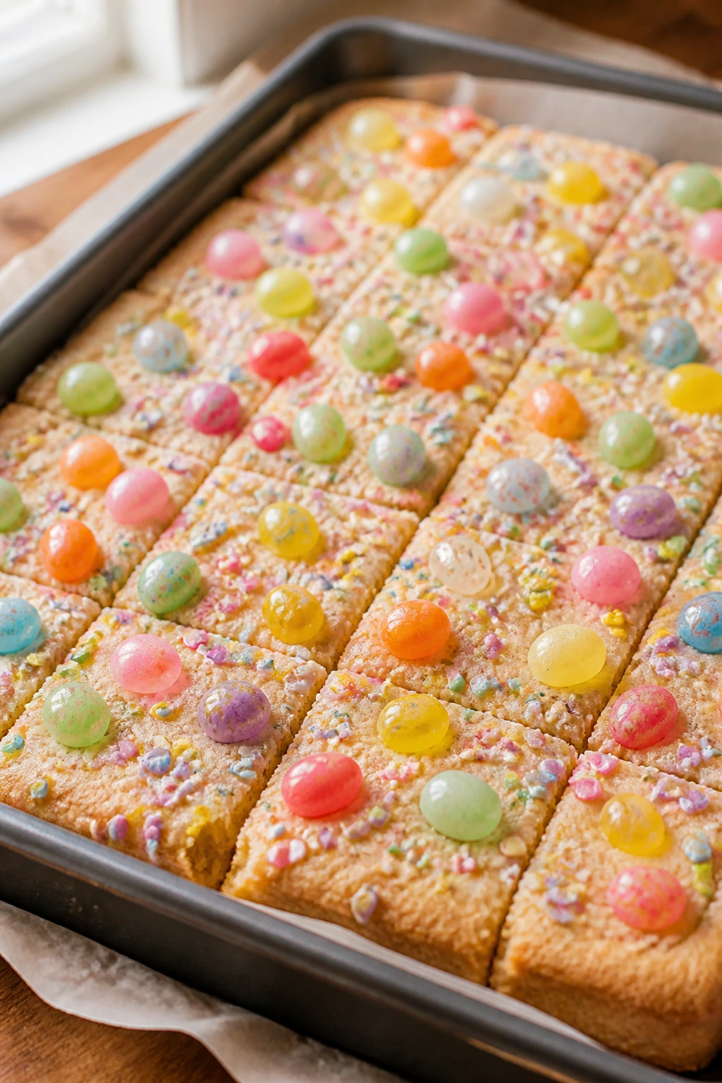 Close-up of jelly bean sugar cookie bars topped with pastel jelly beans in a pan