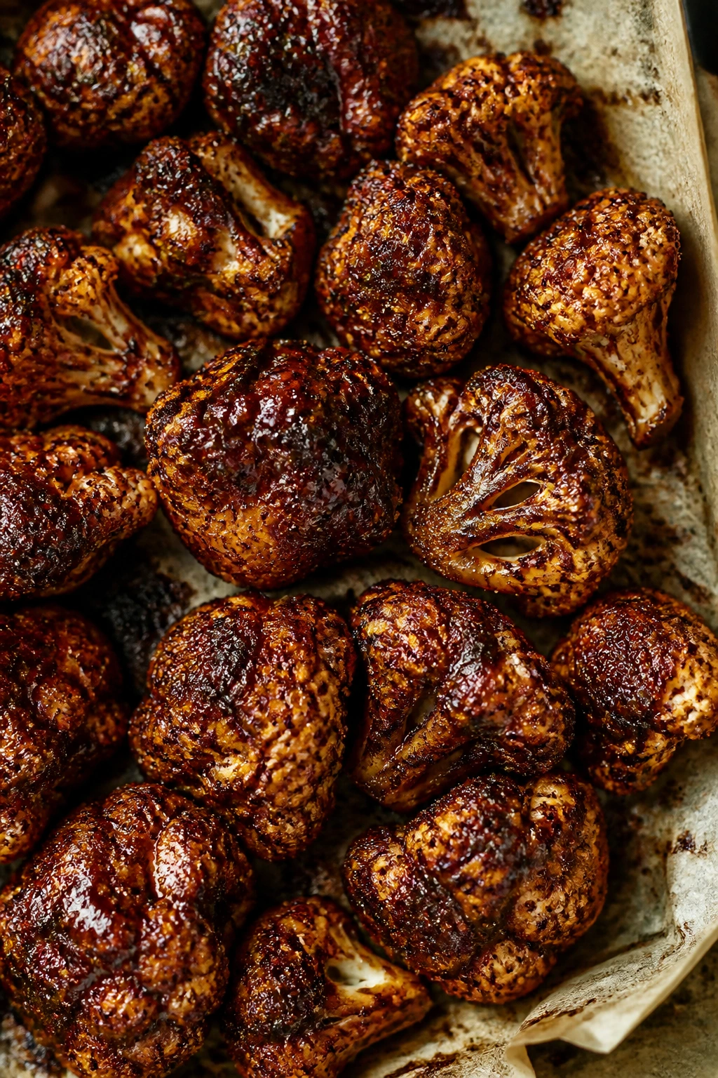 Close-up of Jamaican jerk BBQ cauliflower wings on parchment