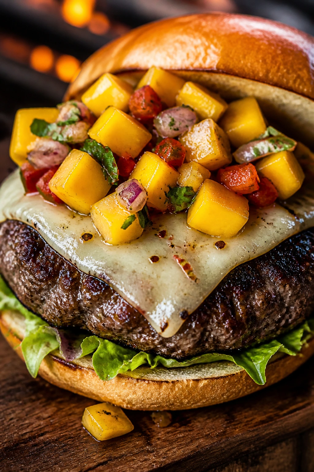 Close-up of jerk-seasoned beef burger with mango salsa on a rustic board