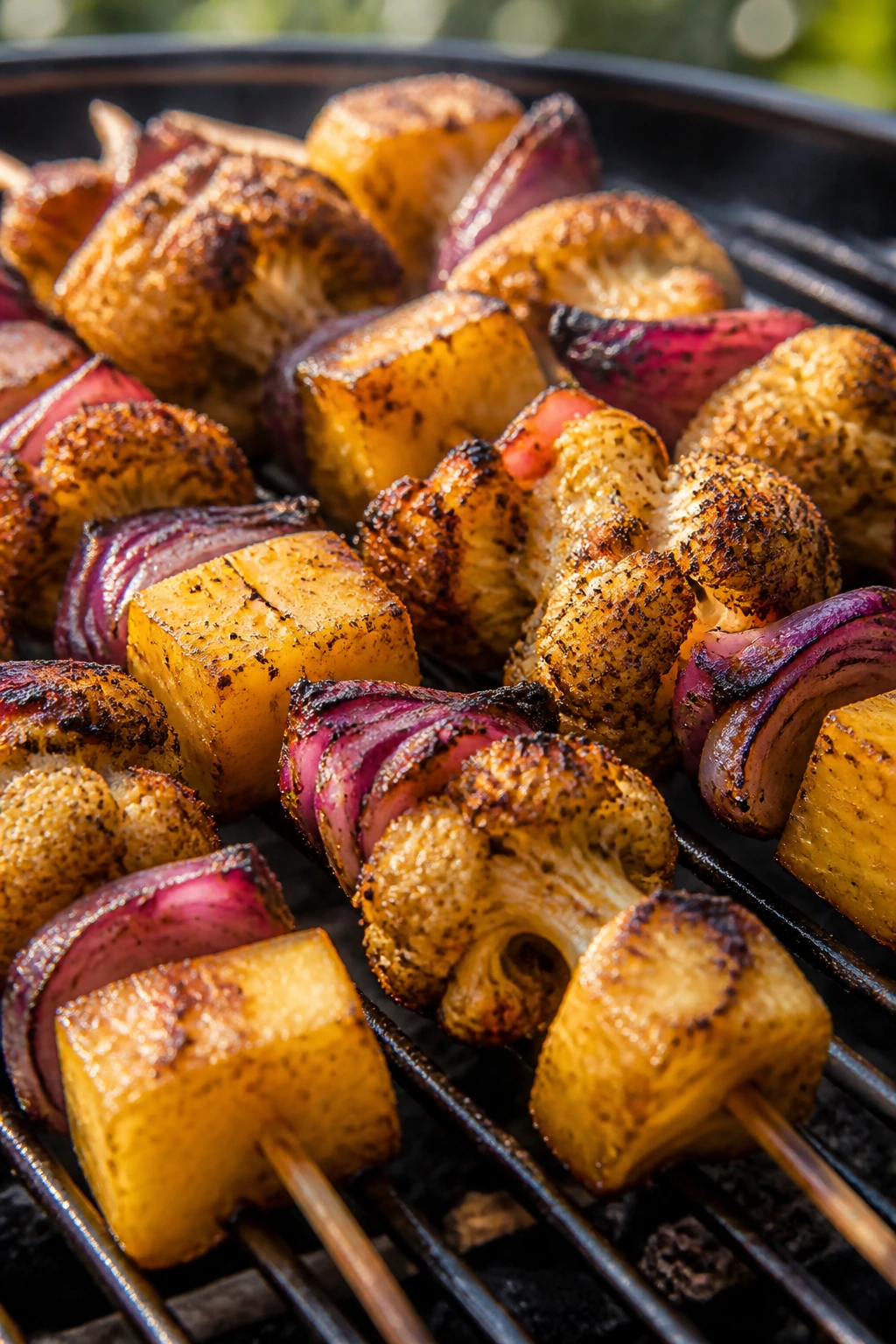 Close-up of jerk-spiced cauliflower and pineapple skewers grilling outdoors