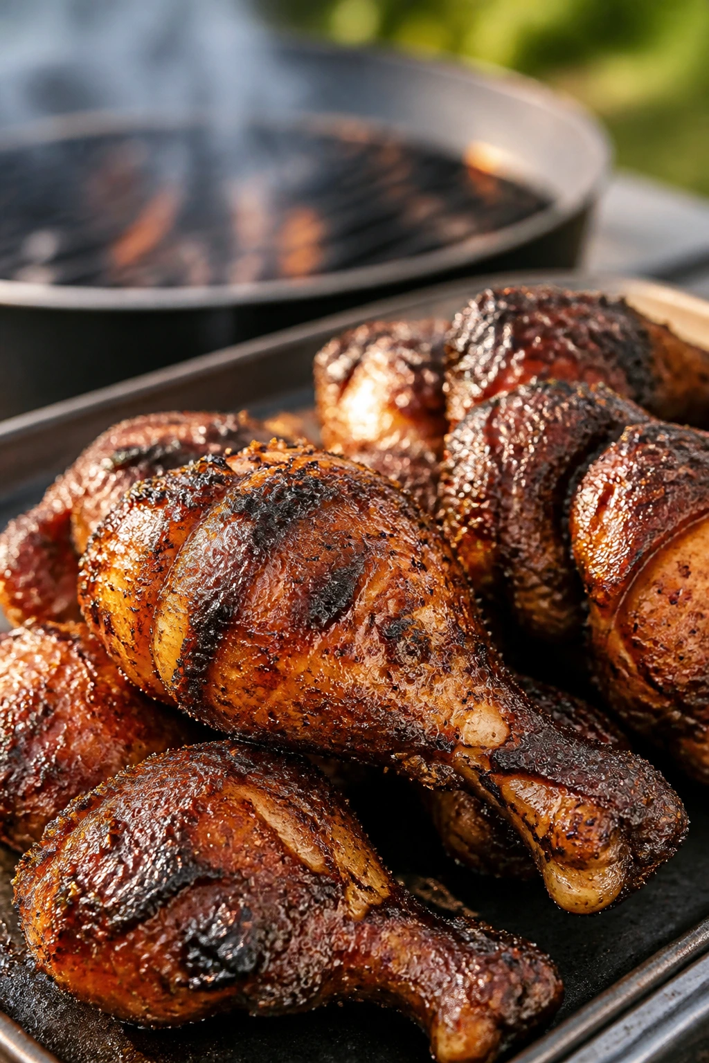 Close-up jerk chicken drumsticks on a tray outdoors