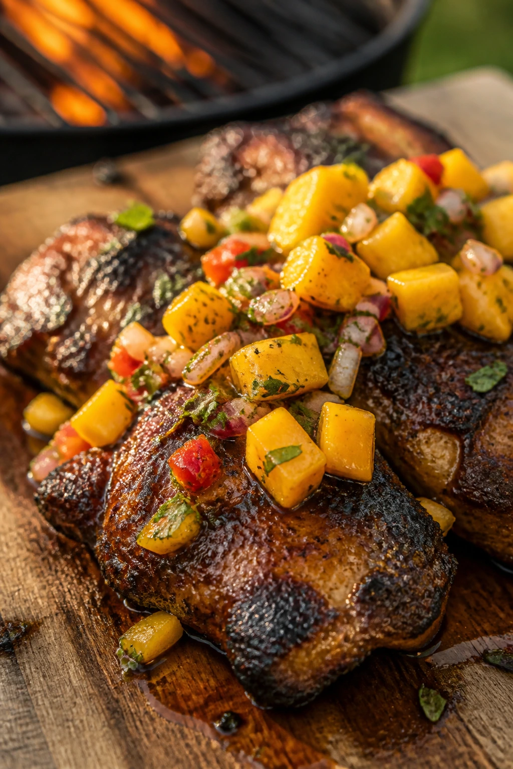 Close-up of jerk chicken thigh with mango salsa on rustic wooden board