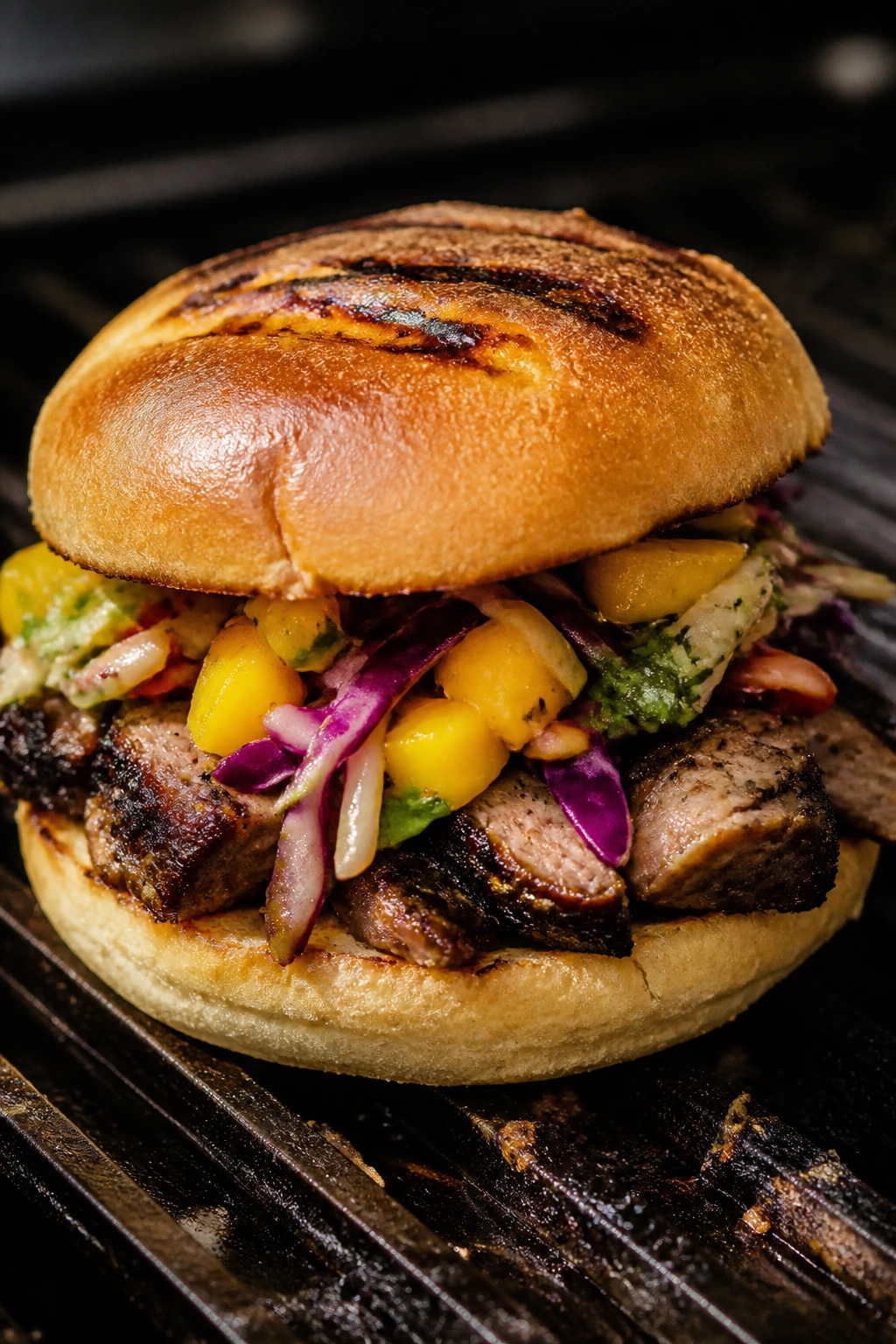 Close-up of jerk chicken with mango slaw sandwich