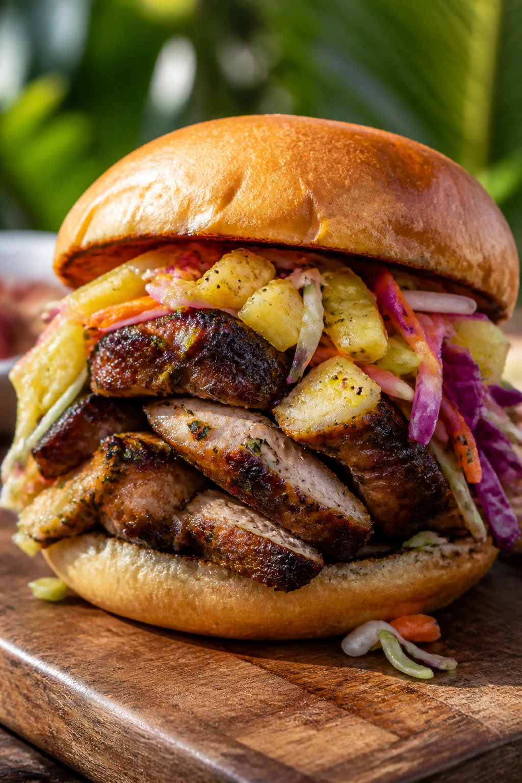 Jerk chicken sandwich with pineapple slaw on a bun outdoors