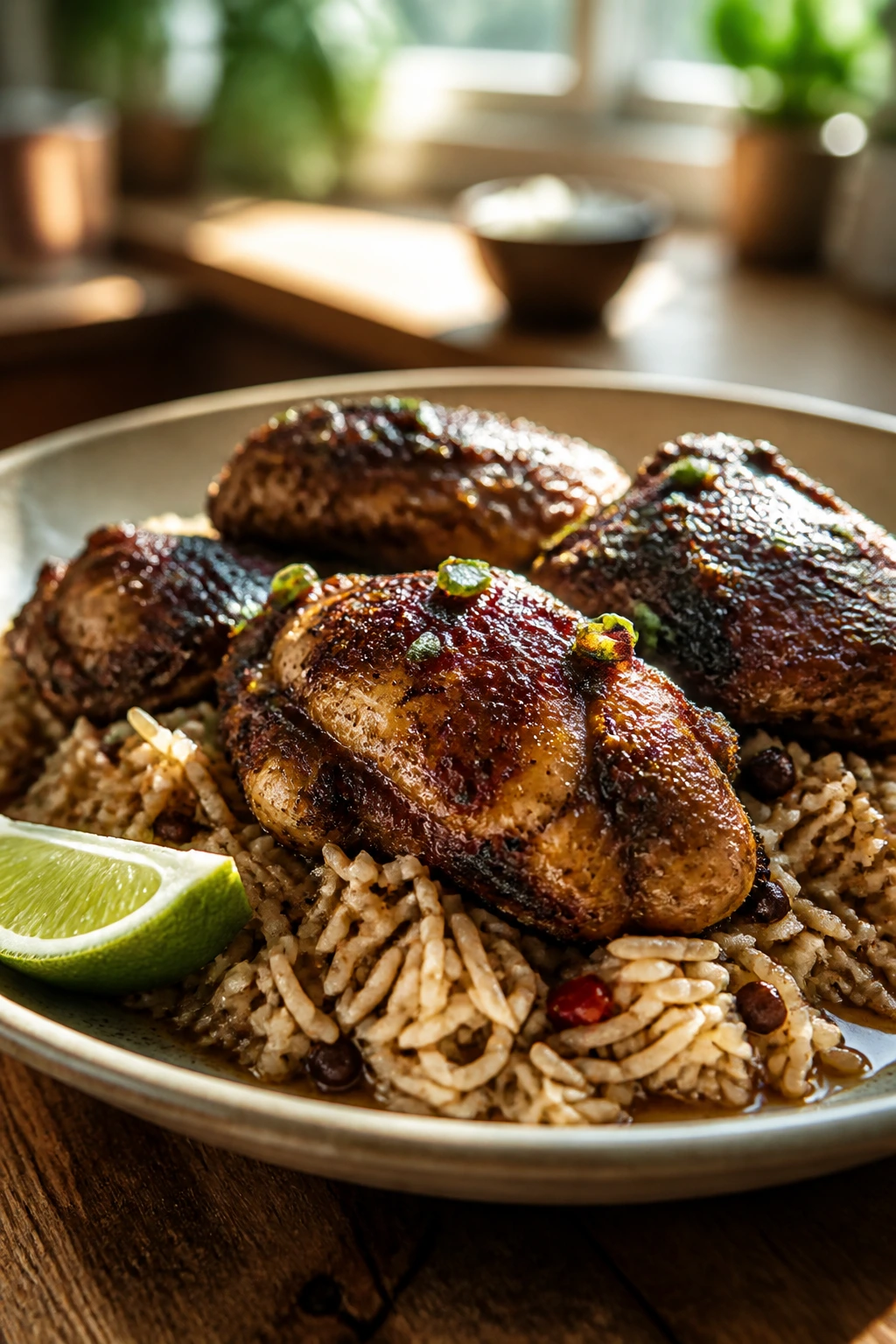Close-up plate of jerk chicken and rice in a sunlit kitchen