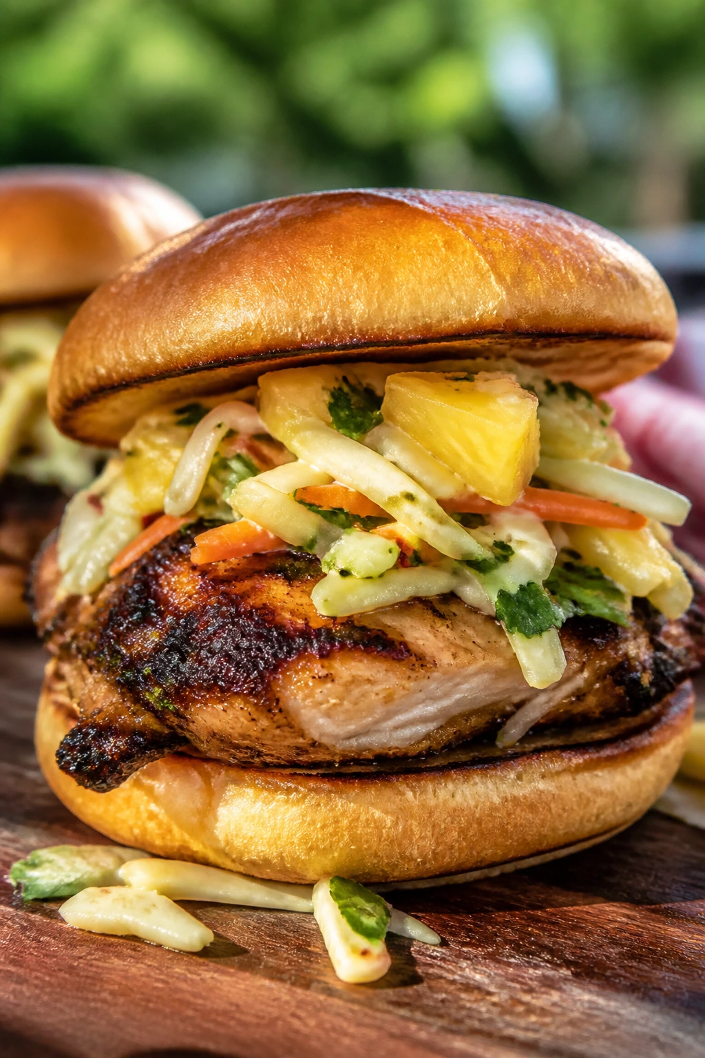 Close-up of jerk chicken sandwich with pineapple slaw on a toasted bun at a sunny backyard picnic.