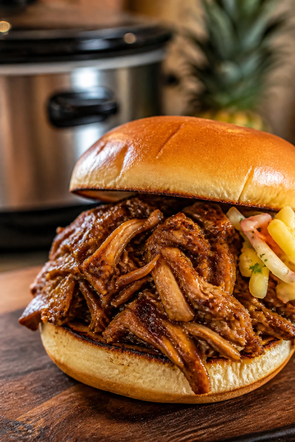 Close-up of Jerk Pulled Chicken Sandwich with spicy glaze
