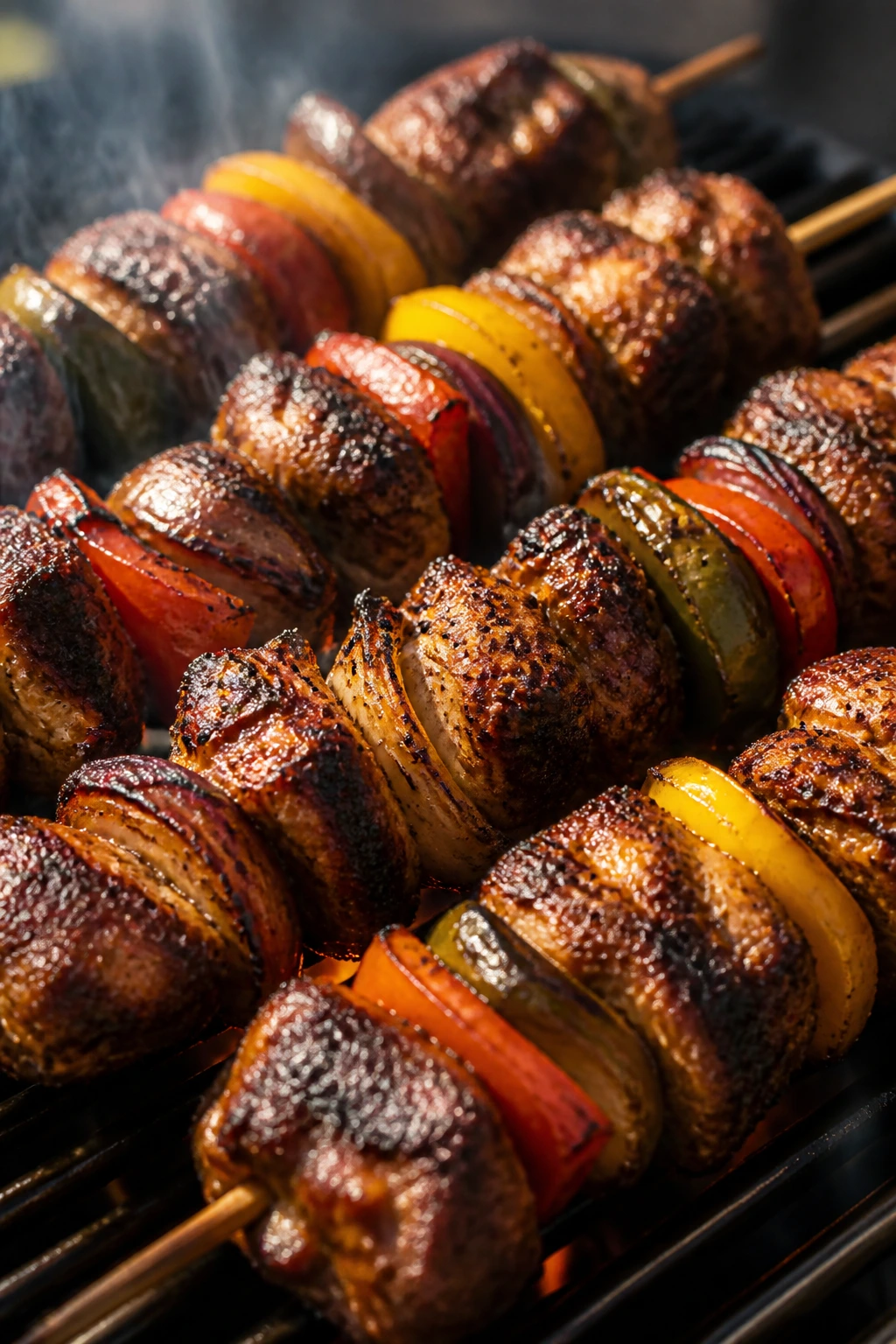Close-up of jerk chicken skewers on a grill