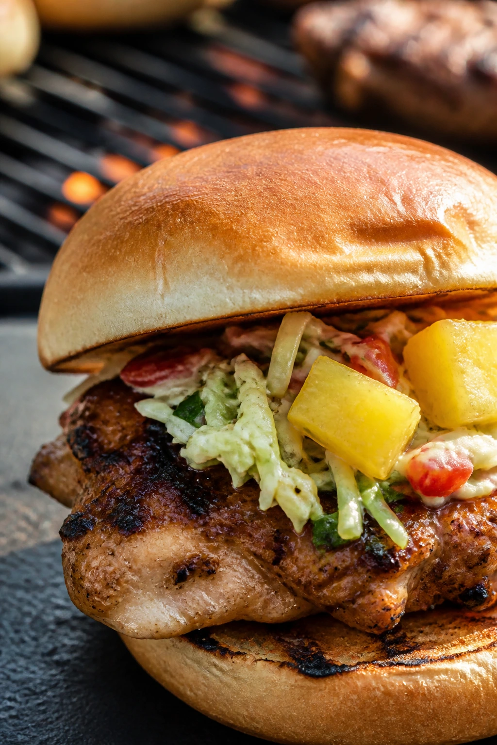 Jerk chicken slider with pineapple slaw outdoors