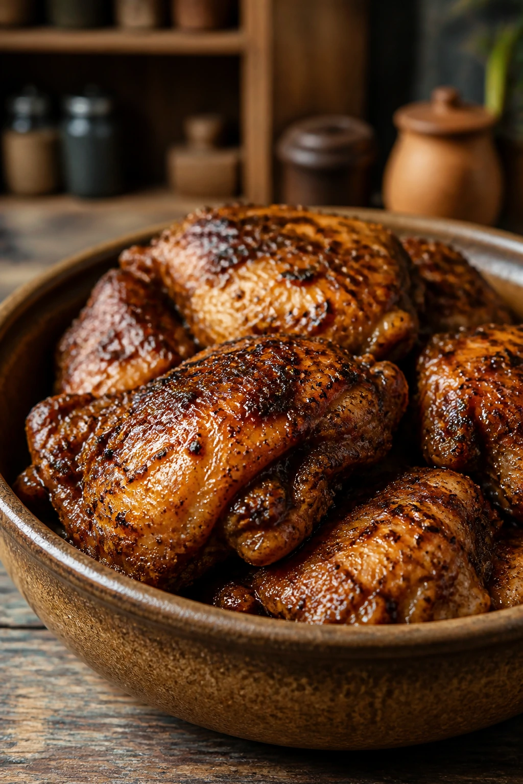 Close-up of jerk-seasoned chicken thighs in a rustic bowl
