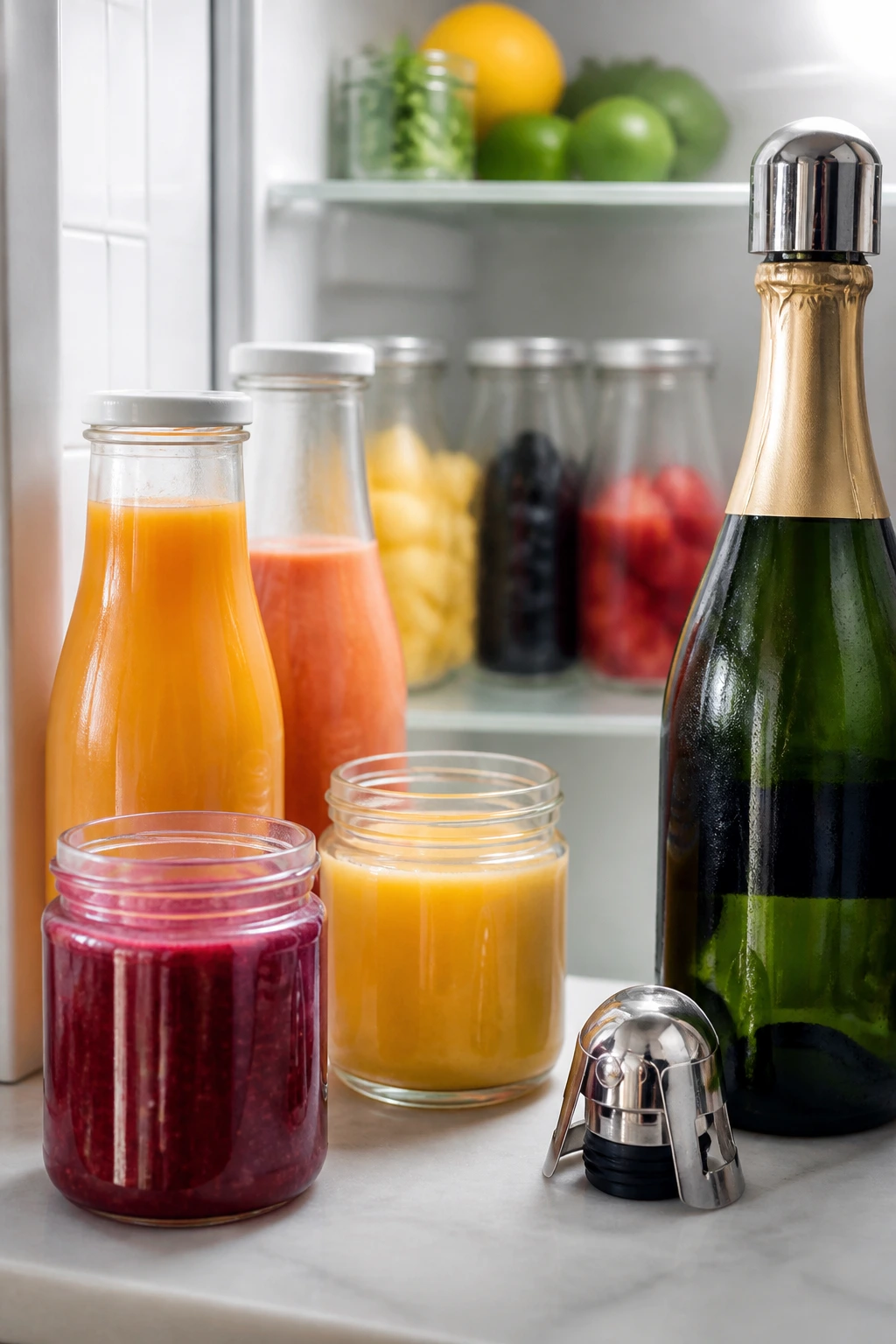 Jars of juice bases and a sparkling wine bottle with stopper on the counter.