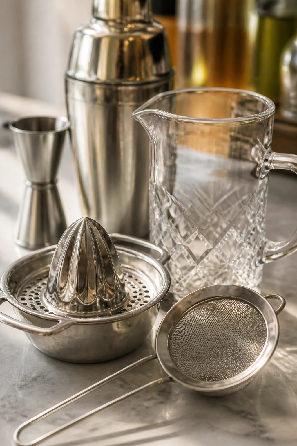 Close-up of citrus juicer, fine-mesh strainer, pitcher and shaker on a kitchen counter