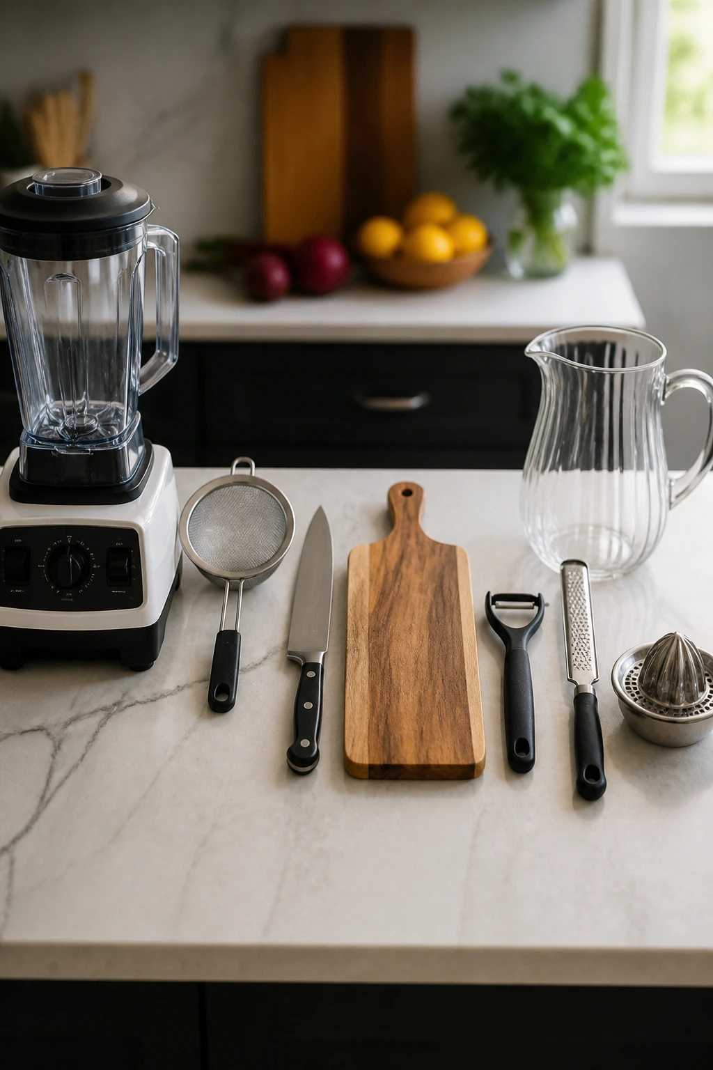 Flat-lay of juicing tools on kitchen counter
