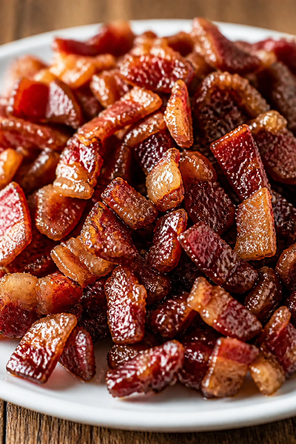 Juicy crumbled bacon with brown sugar glaze on a plate