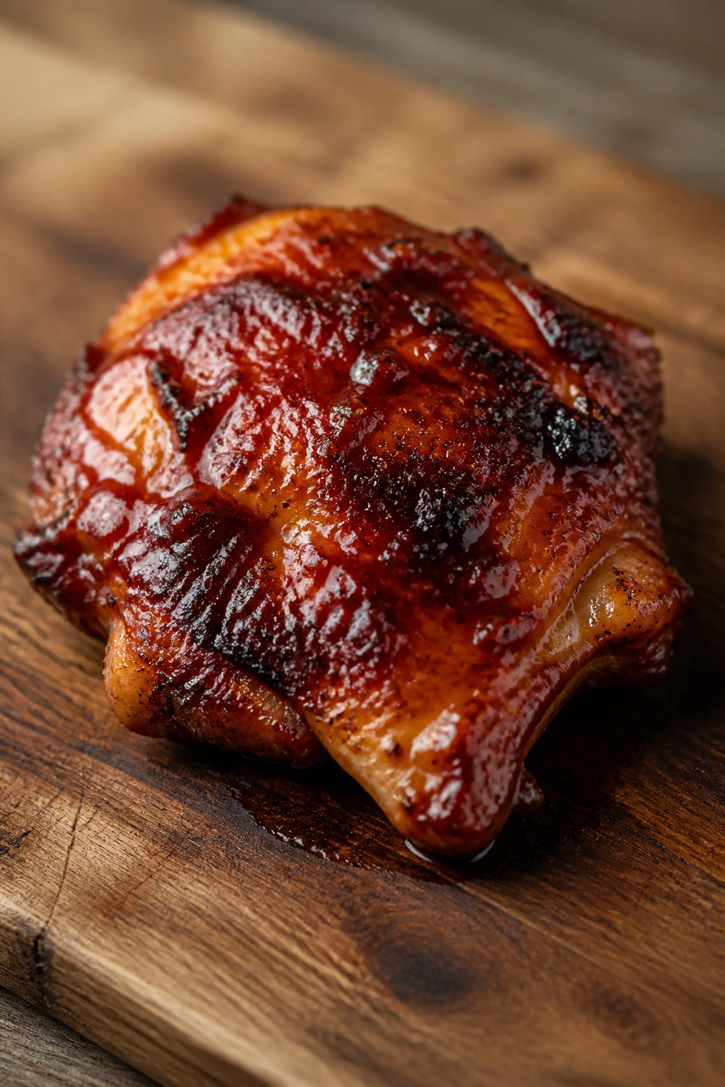 Juicy BBQ chicken thigh on wooden cutting board with glossy glaze