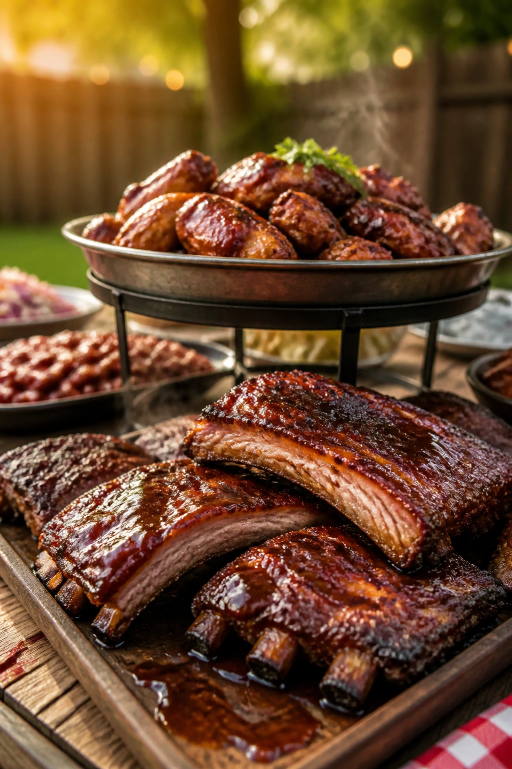 Close-up of juicy glazed BBQ ribs with steam on a rustic backyard table