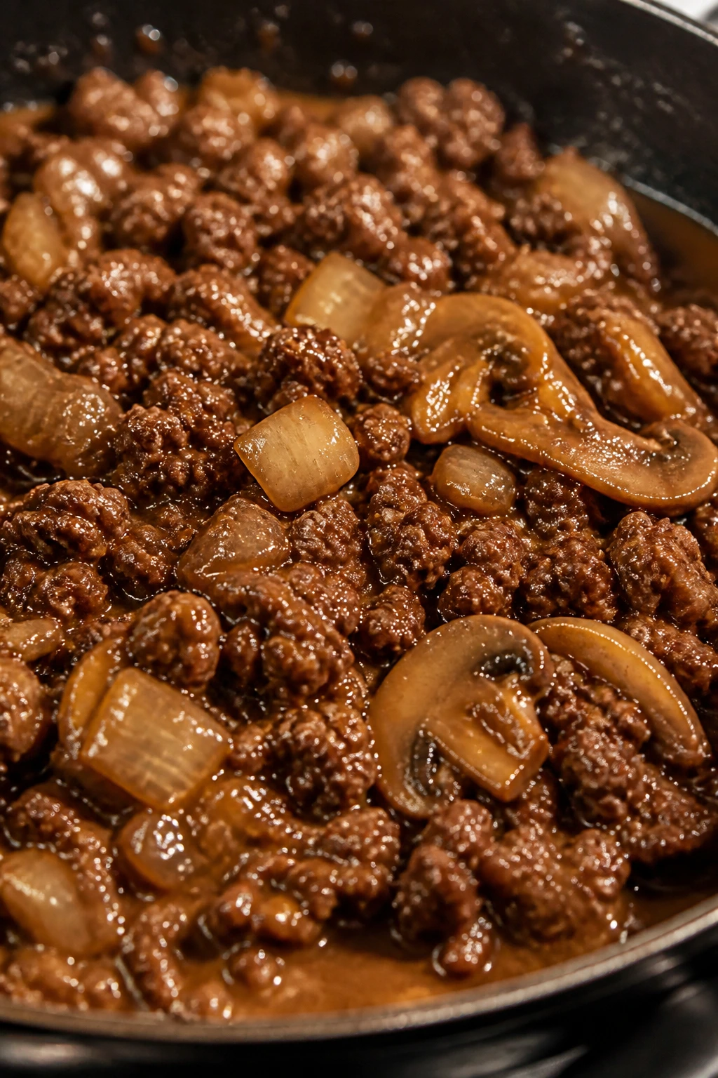 Juicy browned ground beef with glossy sauce and aromatics