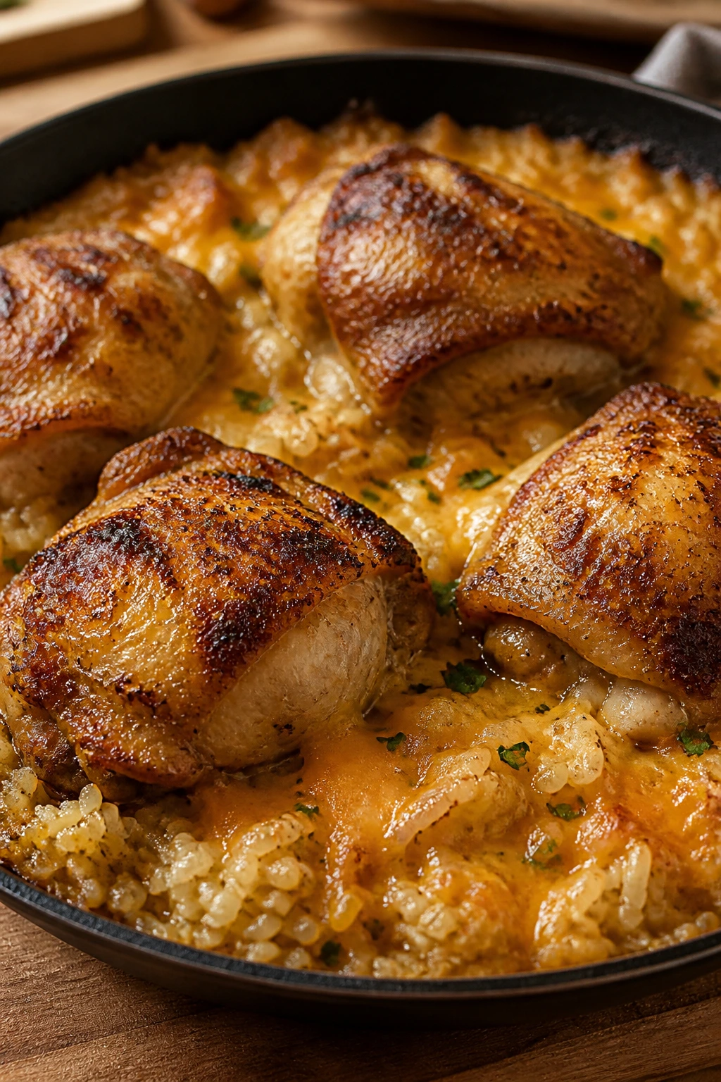 Close-up of a skillet with browned chicken thighs on rice and melted cheddar