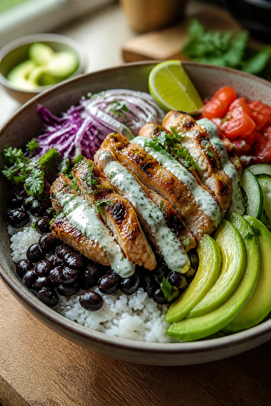 Close-up of a juicy chicken bowl with lime-garlic chicken, jasmine rice, black beans, avocado and yogurt-lime sauce