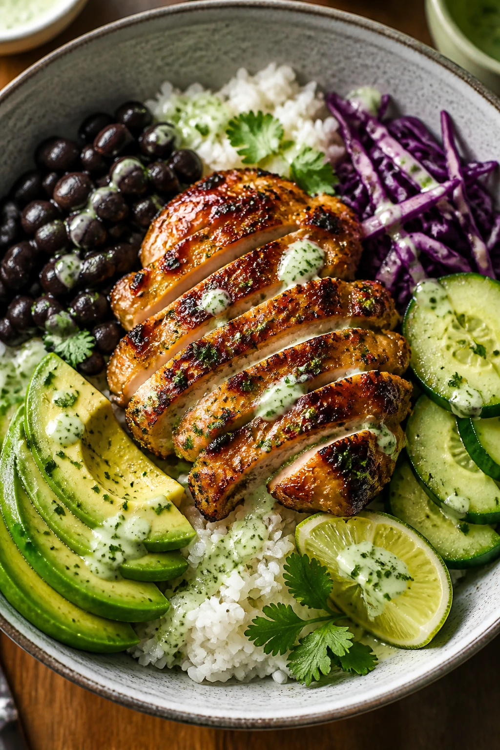 Close-up of a juicy chicken bowl with rice, beans and colorful vegetables