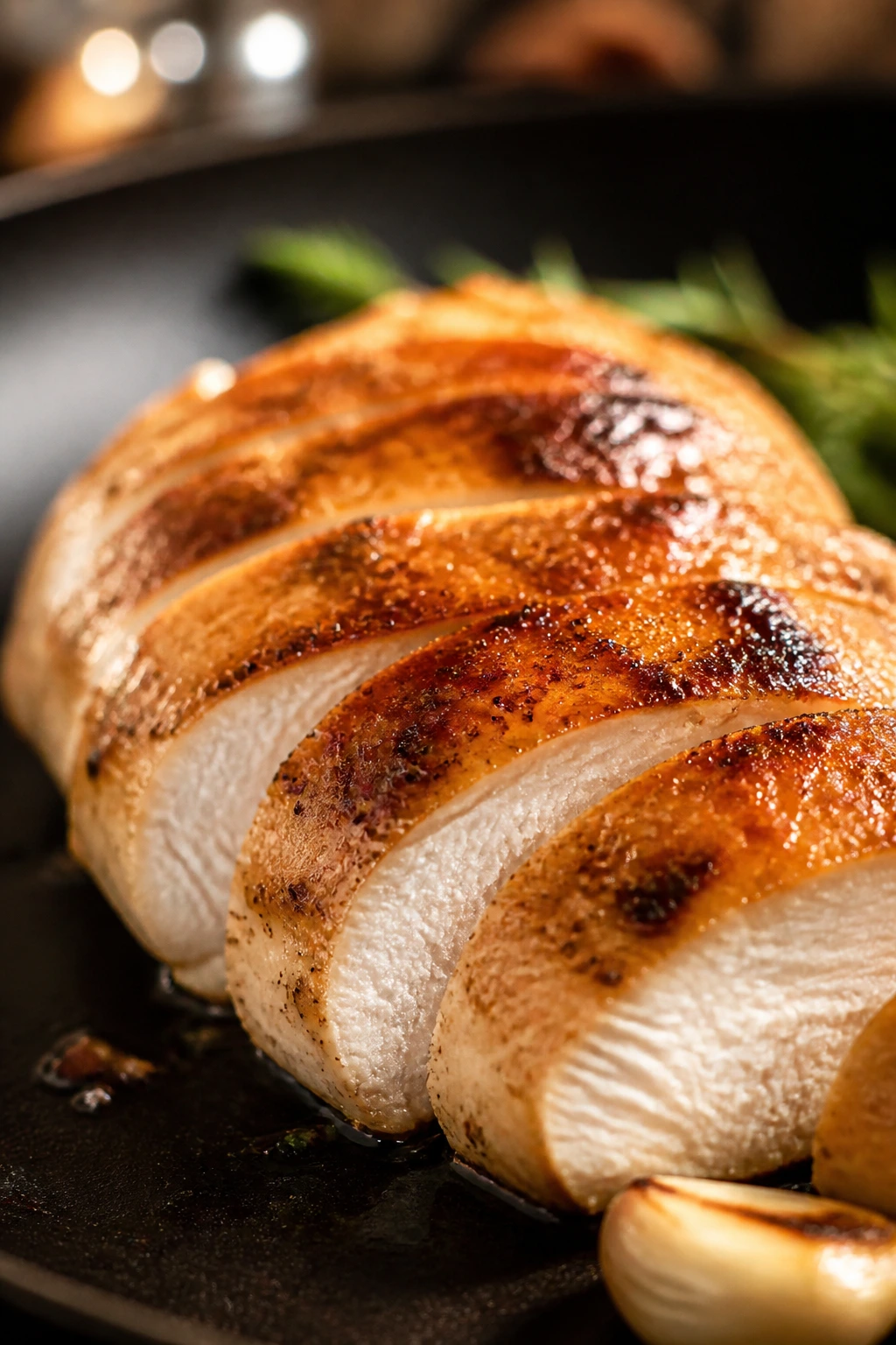Juicy pan-seared chicken breast with moisture in a warm kitchen