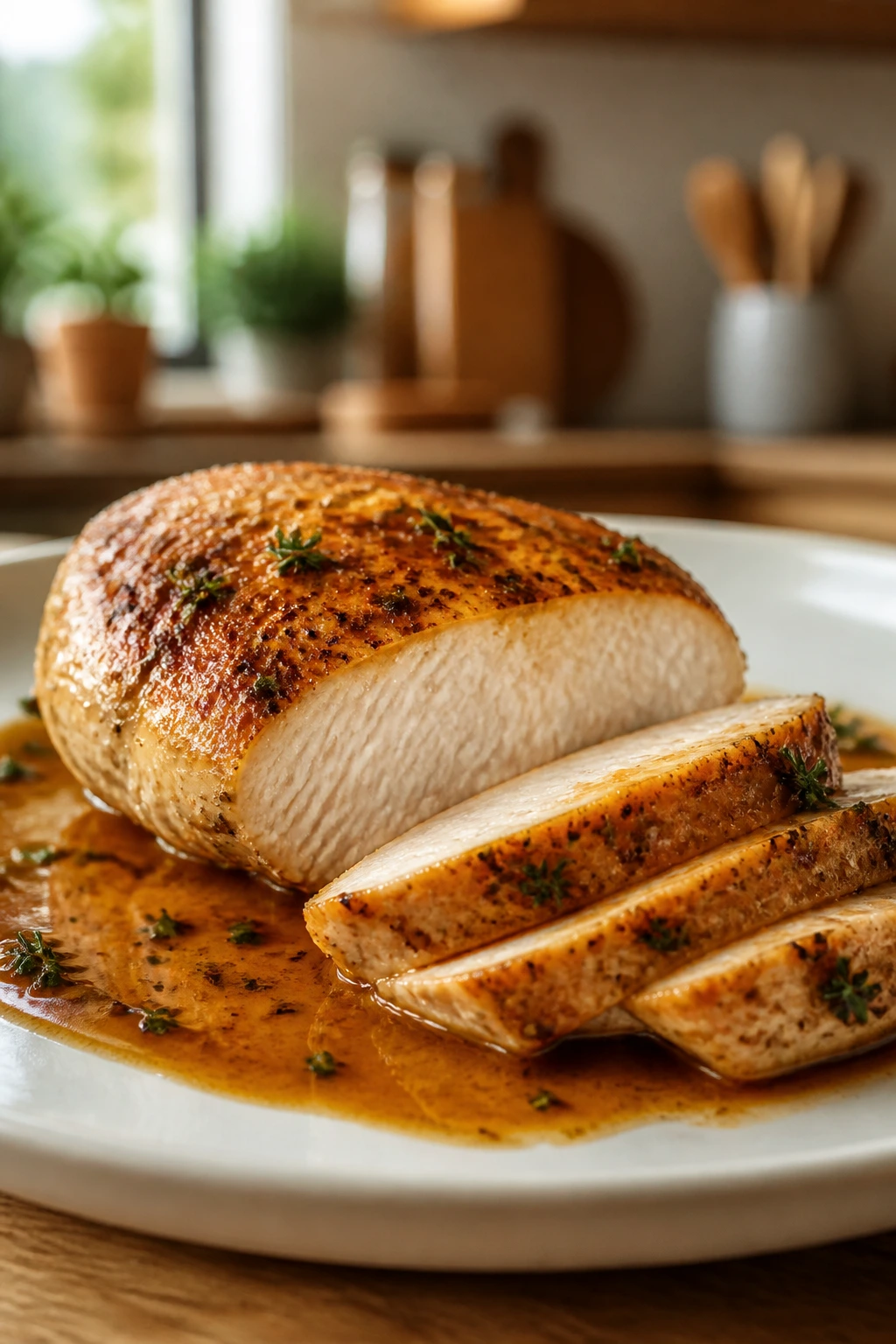Close-up of a juicy chicken breast with pan sauce on a plate in a warm kitchen