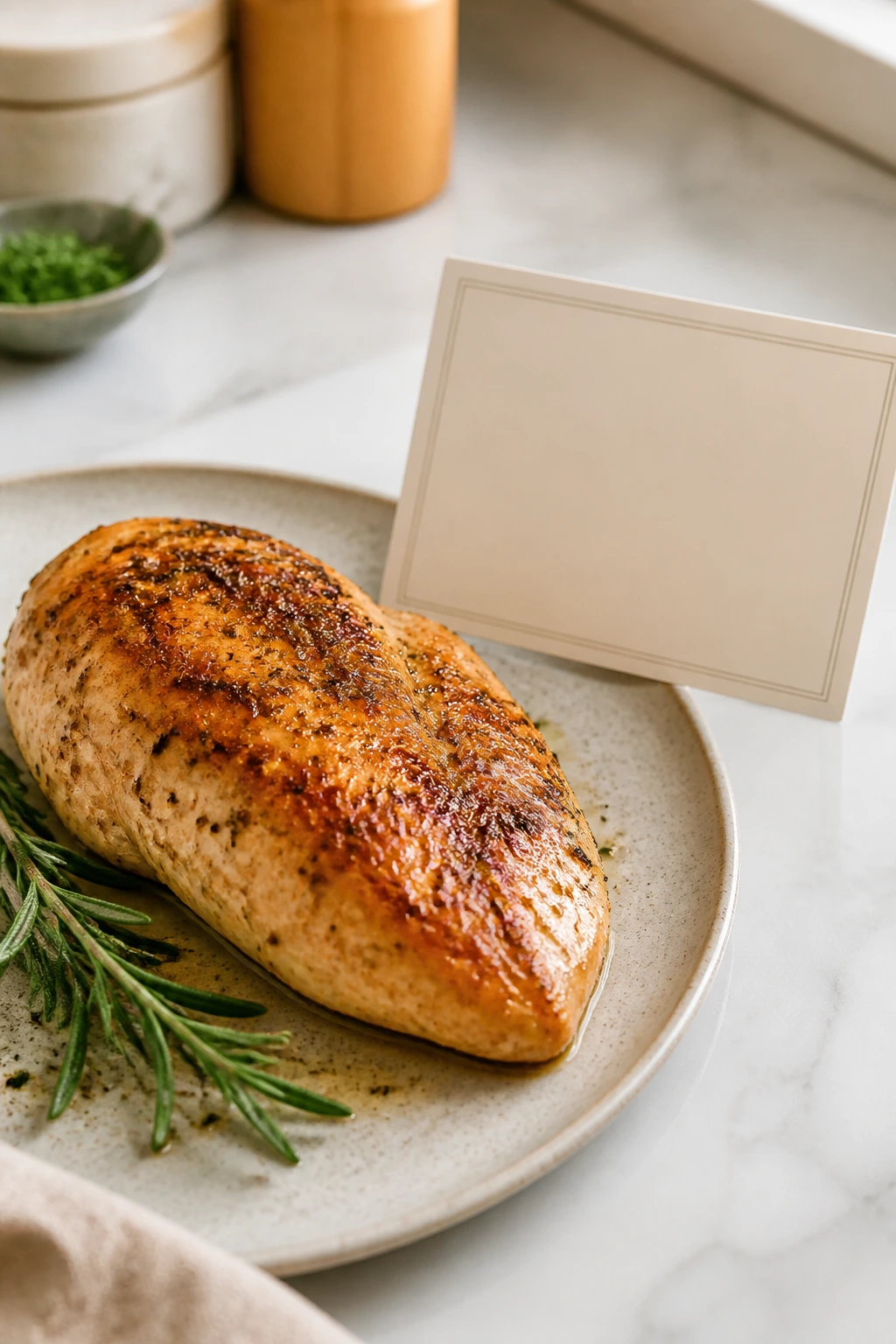 Juicy seasoned chicken breast on plate with blank recipe card beside it.