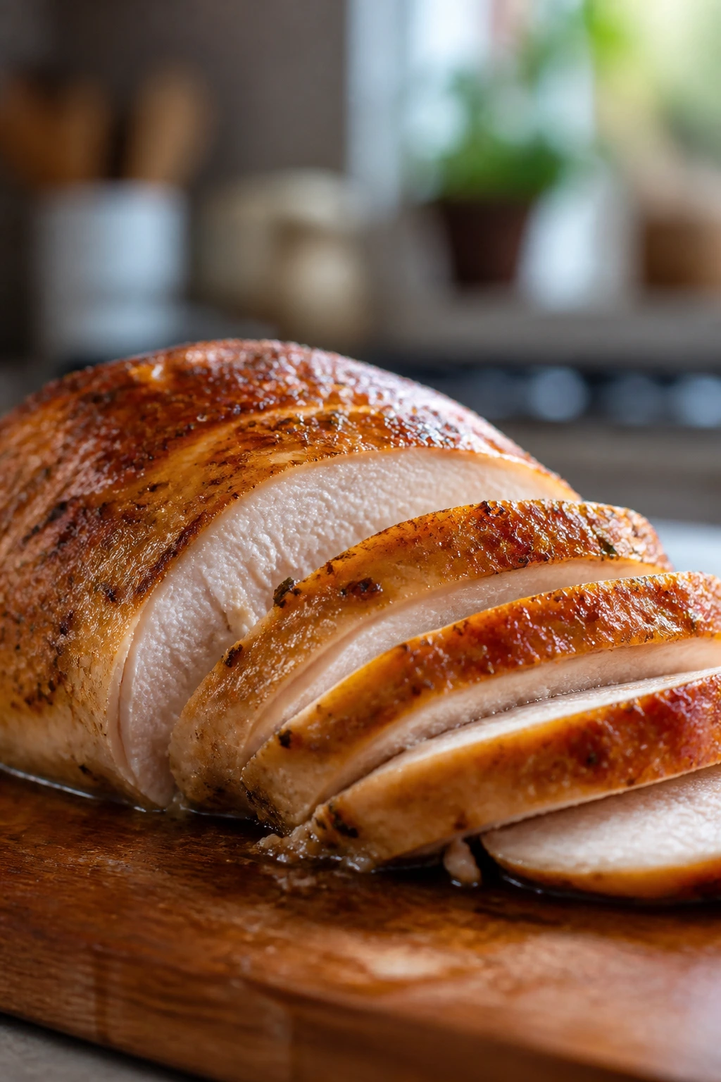 Juicy sliced chicken breast with moist surface on cutting board
