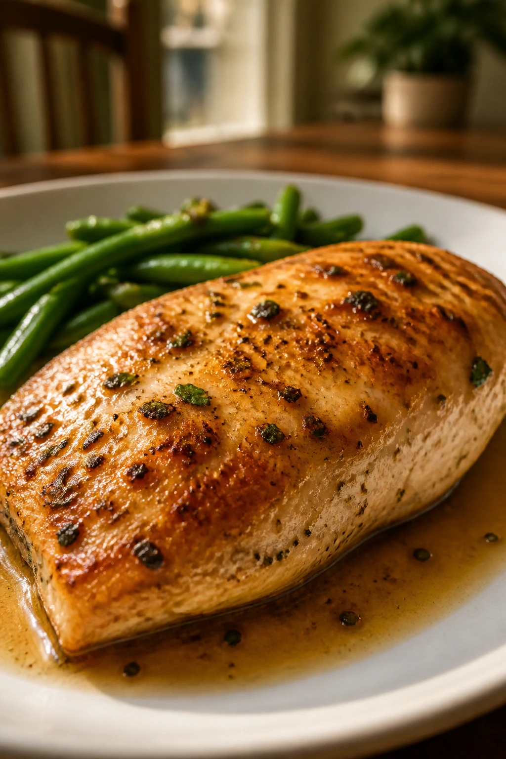 Juicy chicken breast plated with light pan sauce, ready for dinner.