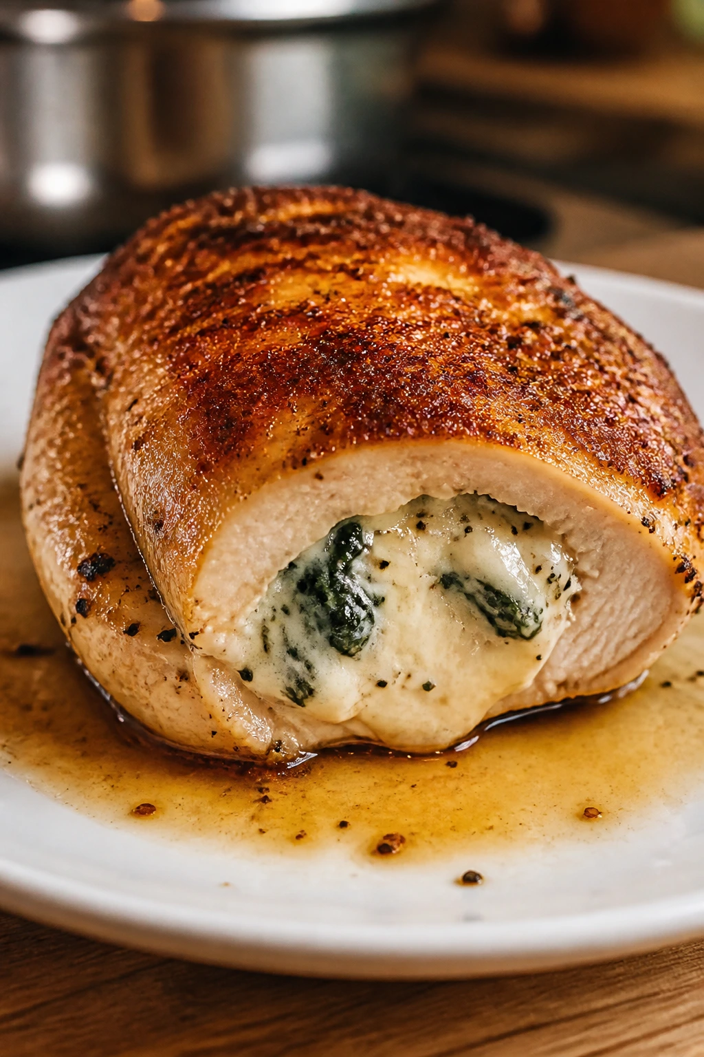 Juicy browned cheese-stuffed chicken breast on plate with pan juices