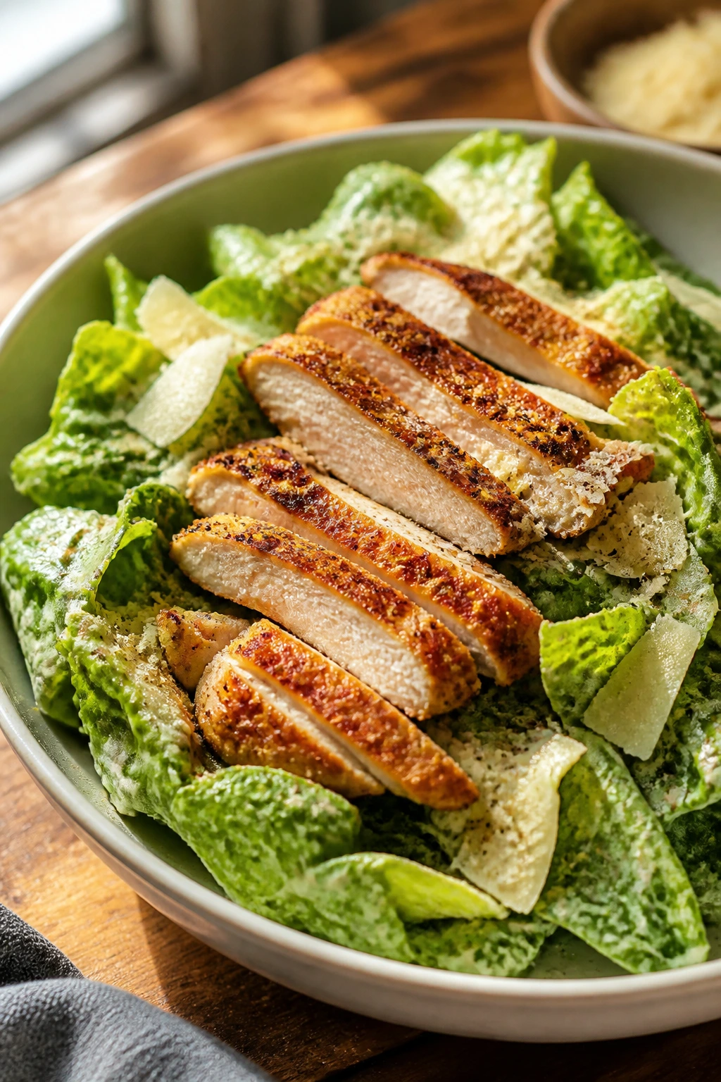 Close-up of juicy chicken Caesar components: sliced chicken, crisp romaine, parmesan, and dressing in a warm kitchen