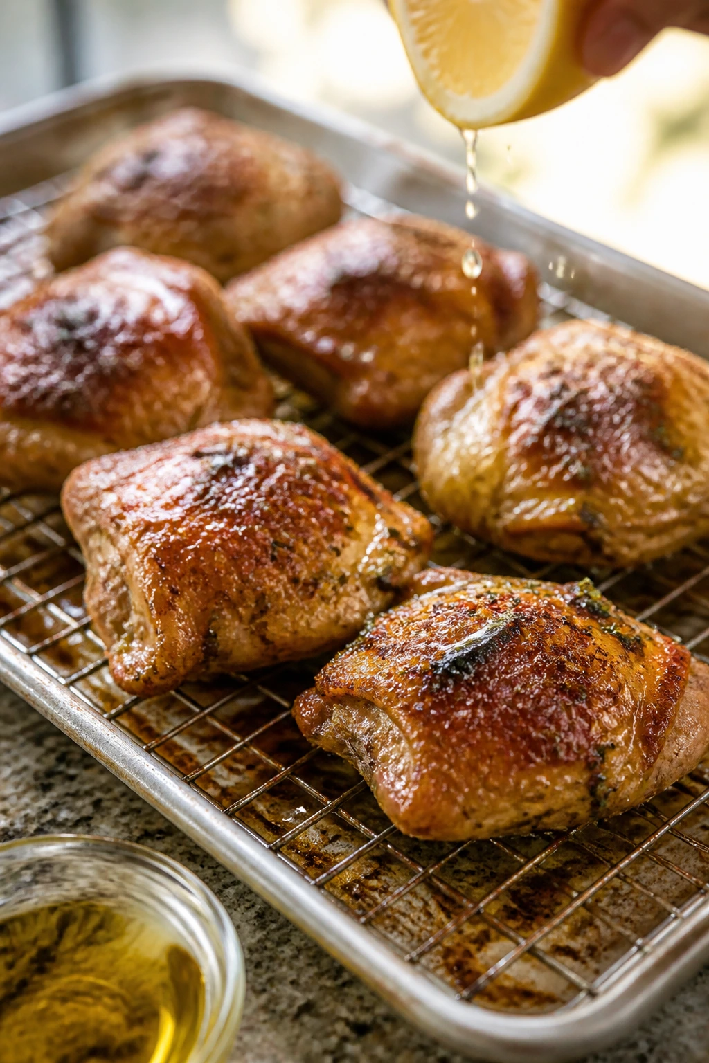 Juicy chicken thighs resting on a rack with lemon and oil finish