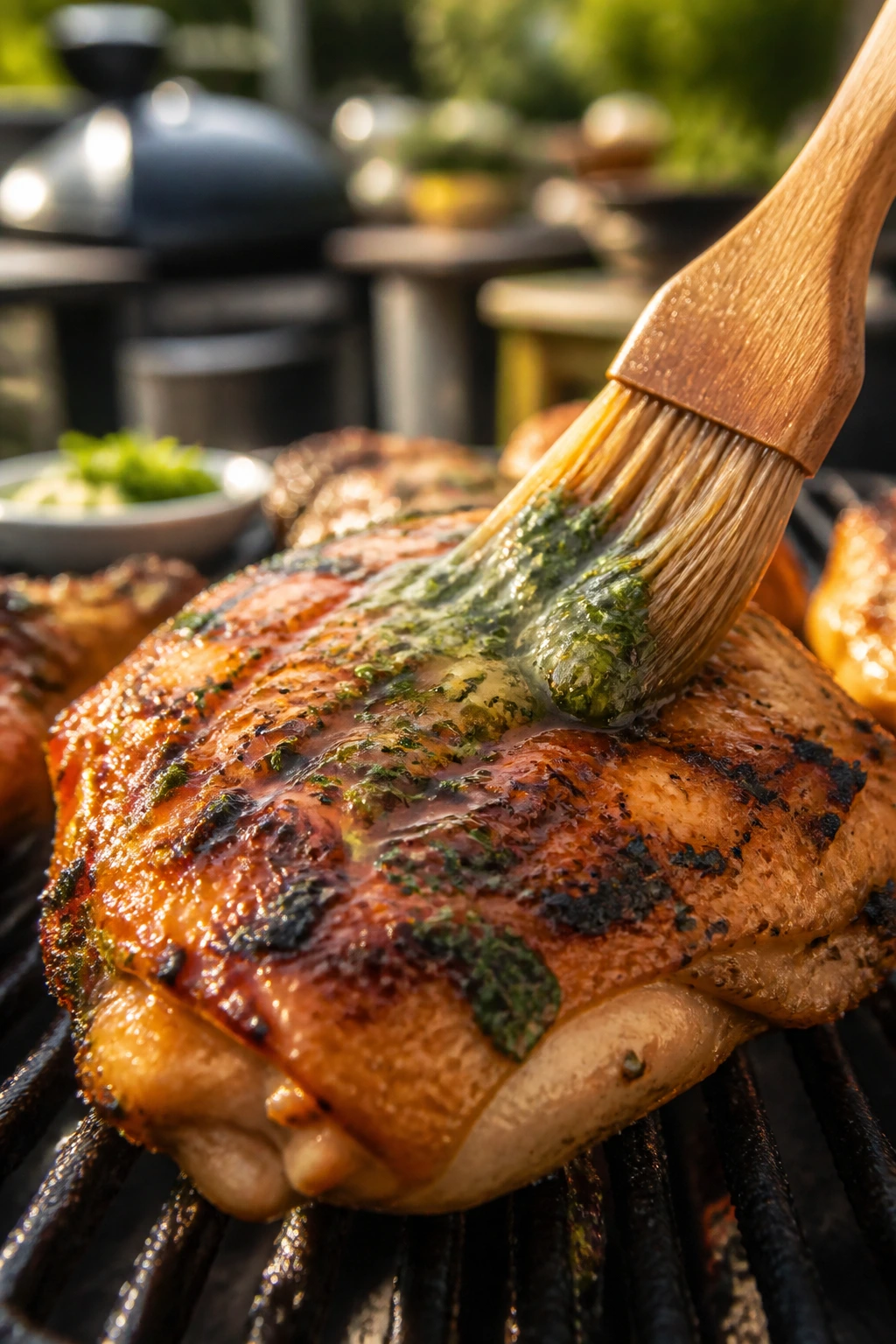 Juicy glazed chicken thigh being brushed with herb butter outdoors