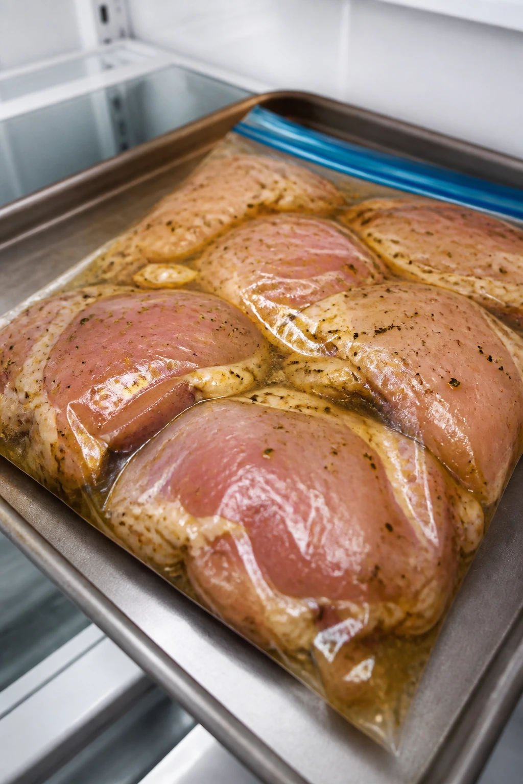 Close-up of marinating chicken thighs in a bag inside a fridge to stay juicy
