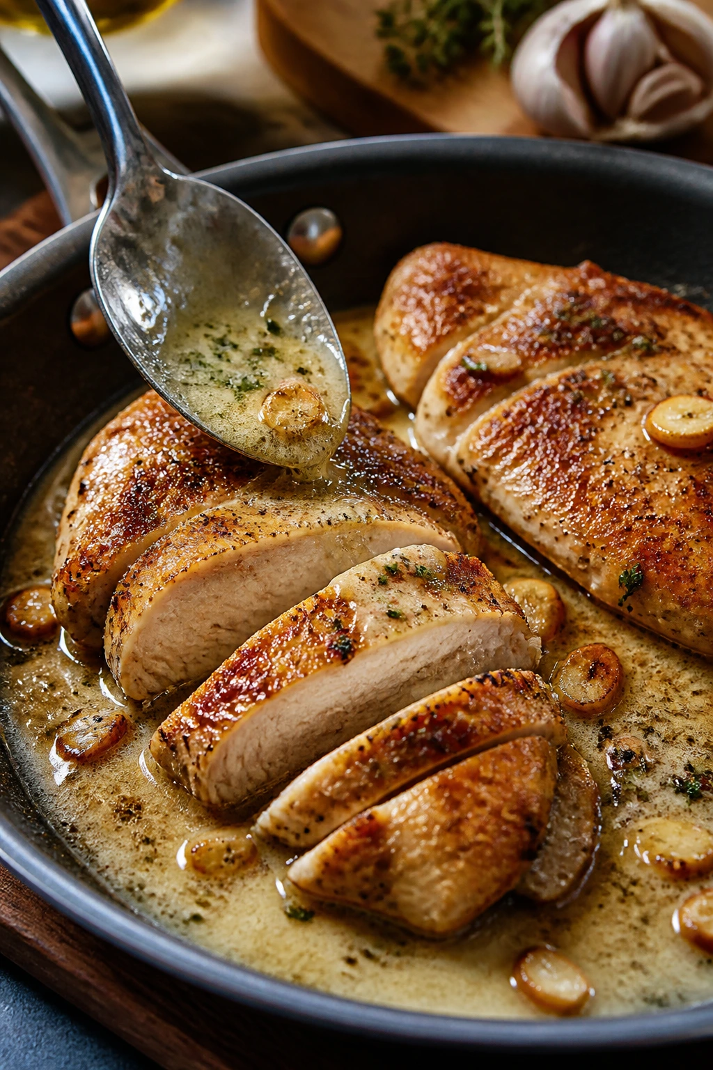 Juicy garlic parmesan chicken browning in skillet with creamy sauce