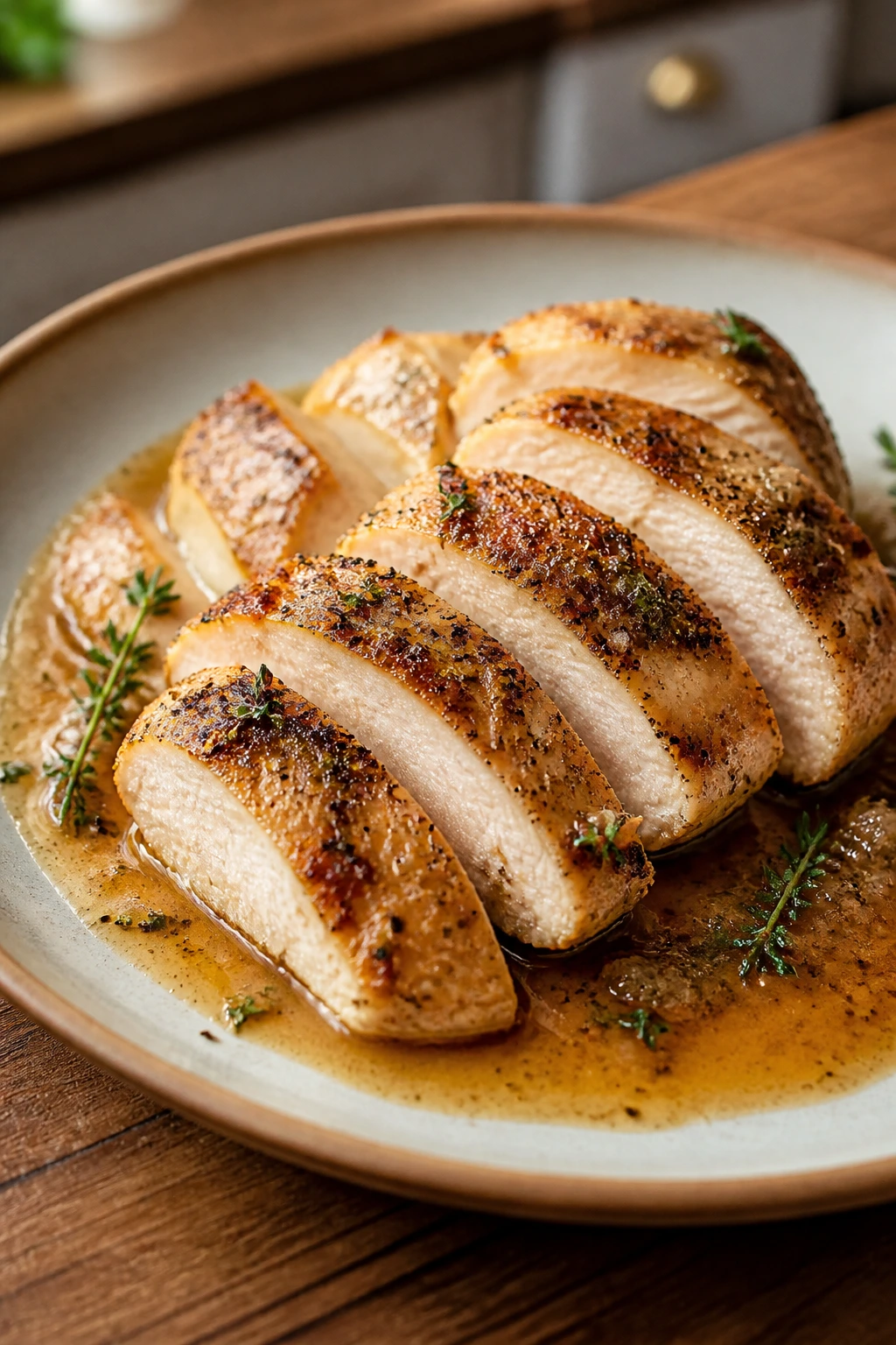 Close-up of sliced chicken breast plated with pan sauce for a weeknight dinner