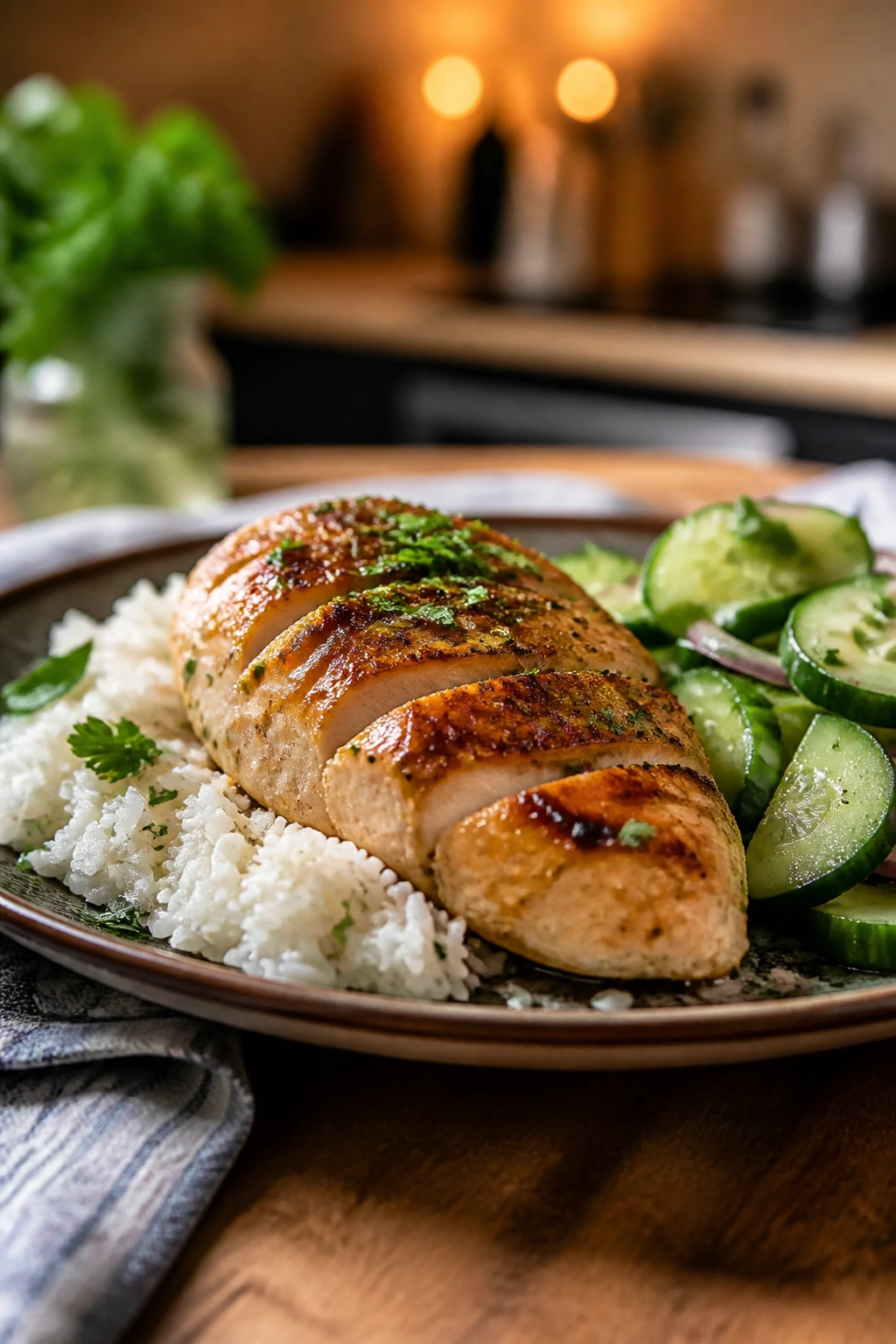 Close-up plate of juicy chicken breast with rice and cucumber salad on a rustic plate in a warm kitchen