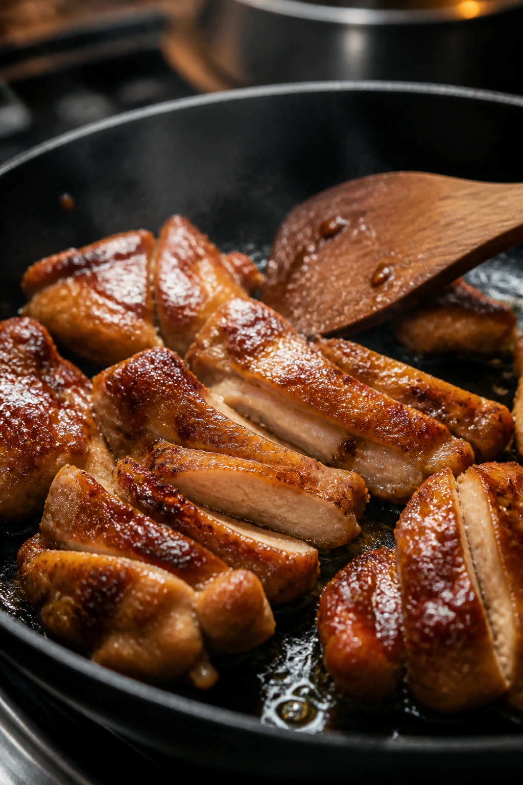 Juicy chicken thighs browning in a pan with a glossy finish