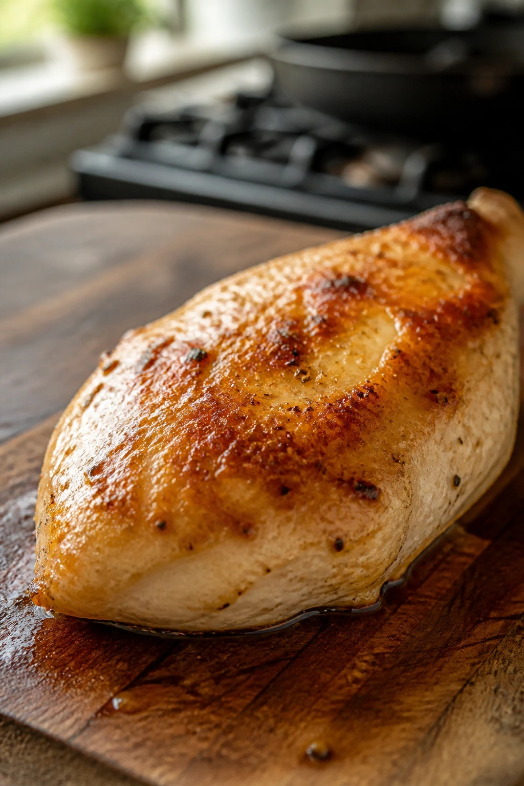 Close-up of a juicy chicken breast with golden crust on a cutting board in a warm kitchen