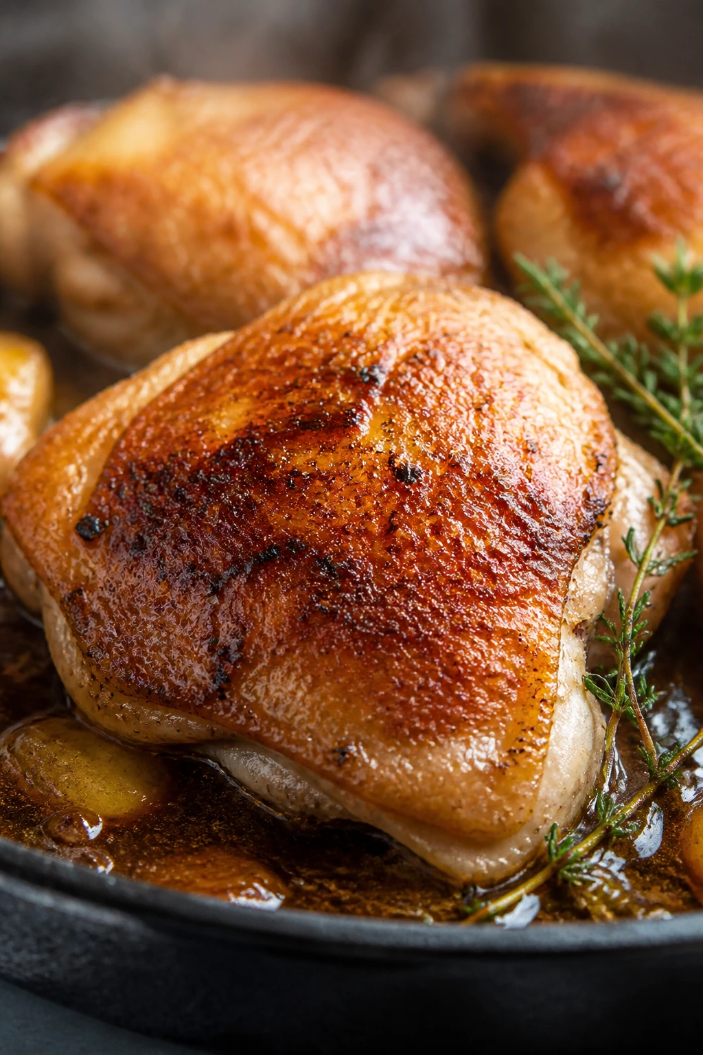 Juicy, well-seared chicken thigh in skillet with glossy sauce.