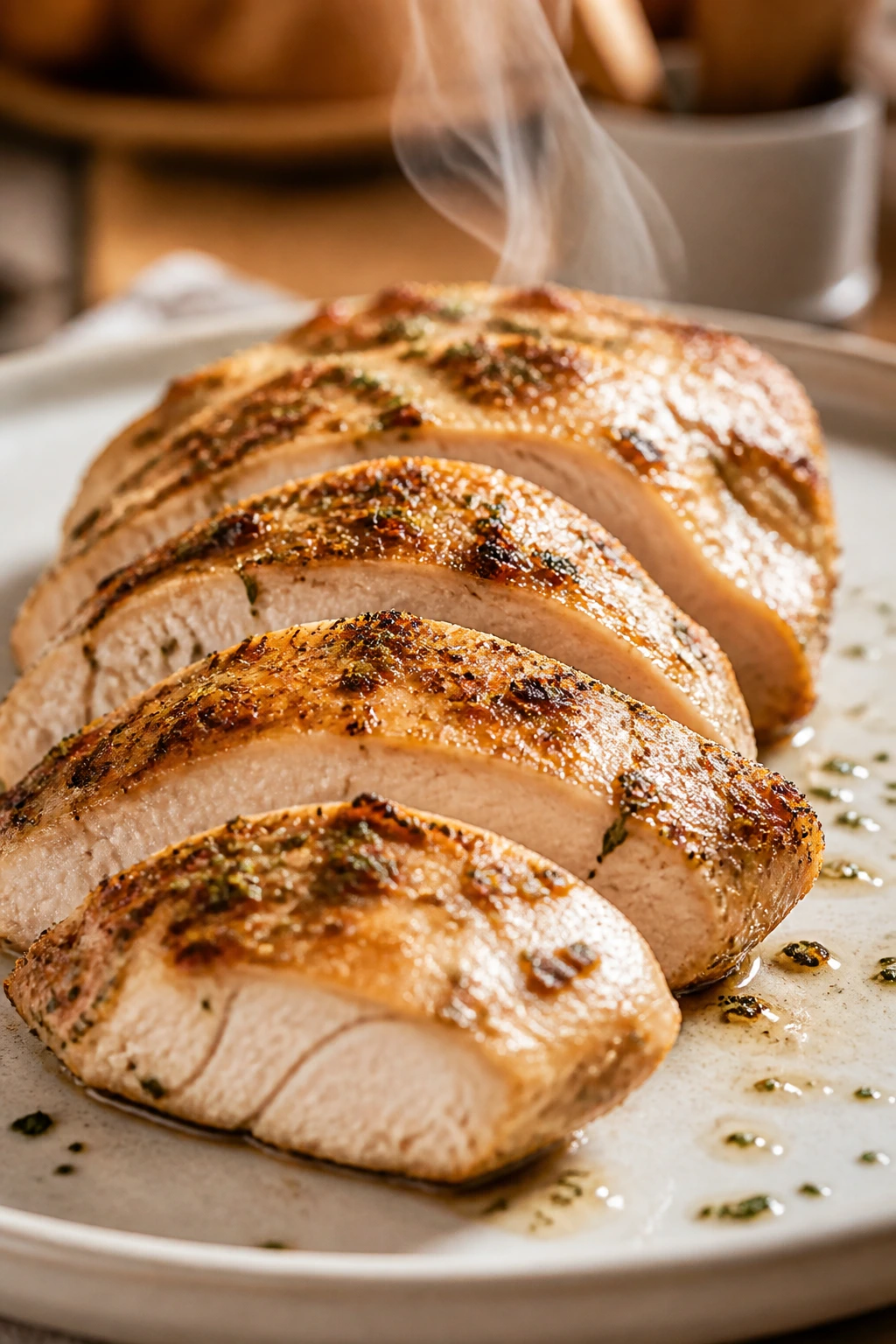 Juicy sliced chicken breast on a plate in a cozy kitchen