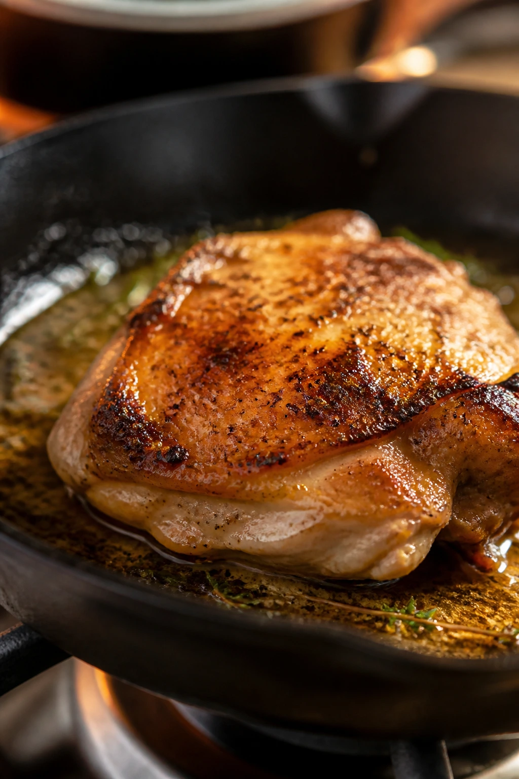 Juicy chicken thigh with glossy sauce in a skillet