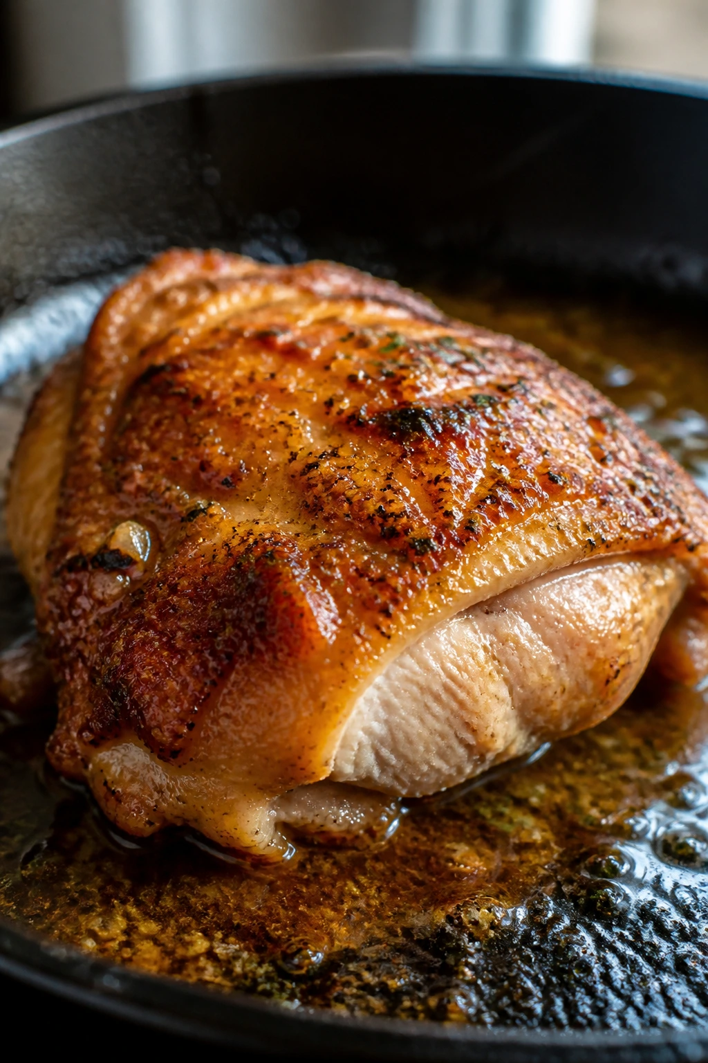 Close-up of juicy chicken thigh with golden crust in cast-iron skillet